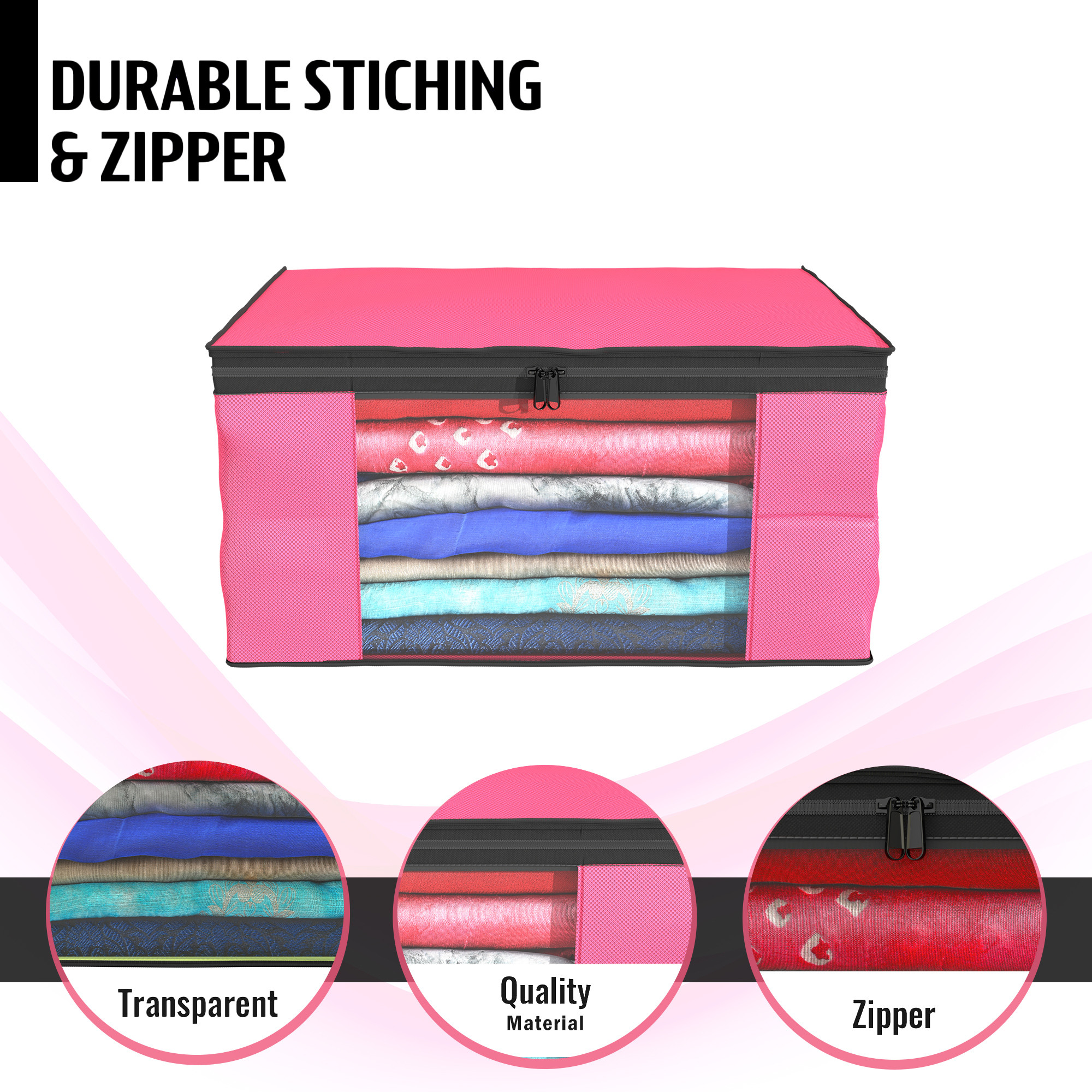Kuber Industries  Saree Covers  Non-Woven Saree Bags  Clothes Bag for Women  Foldable Storage Bag for Almirah  Wardrobe Black Piping Sari Cover Bags  Pink
