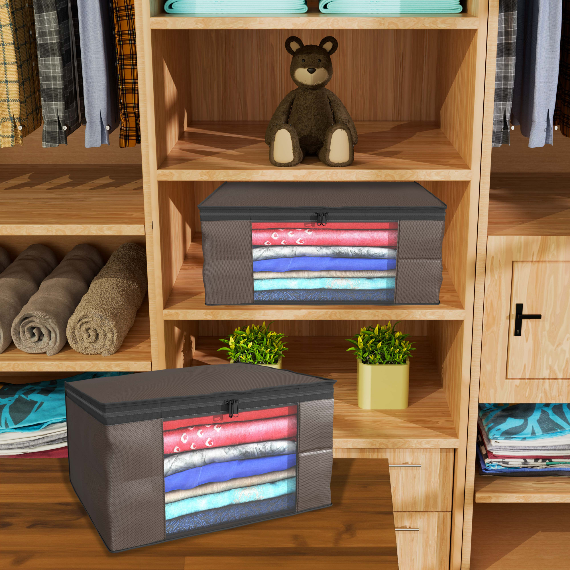 Kuber Industries  Saree Covers  Non-Woven Saree Bags  Clothes Bag for Women  Foldable Storage Bag for Almirah  Wardrobe Black Piping Sari Cover Bags  Brown