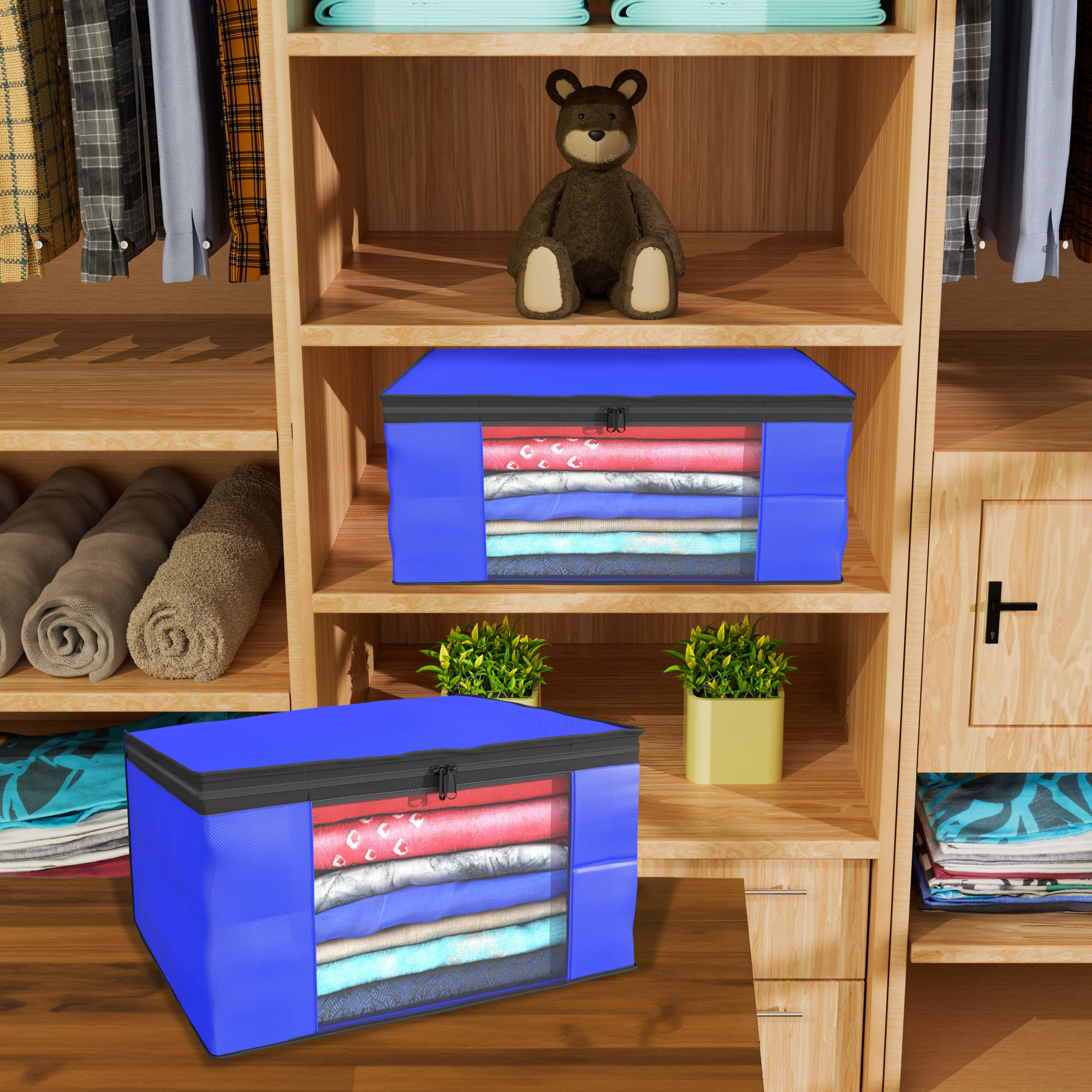 Kuber Industries  Saree Covers  Non-Woven Saree Bags  Clothes Bag for Women  Foldable Storage Bag for Almirah  Wardrobe Black Piping Sari Cover Bags  Blue