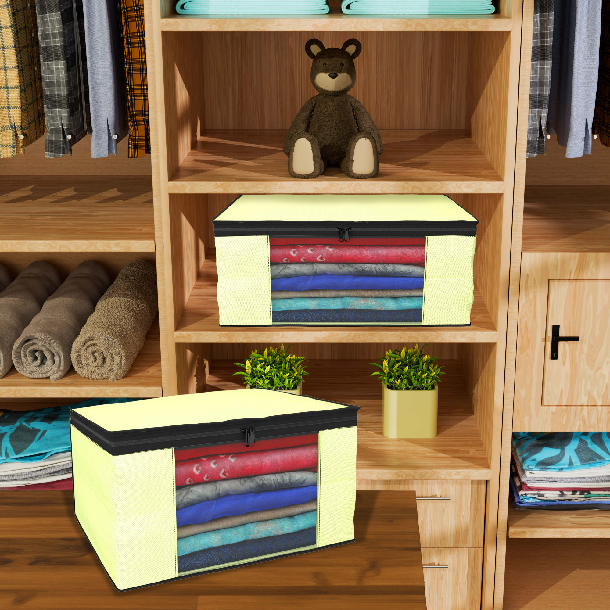 Kuber Industries  Saree Covers  Non-Woven Saree Bags  Clothes Bag for Women  Foldable Storage Bag for Almirah  Wardrobe Black Piping Sari Cover Bags  Cream