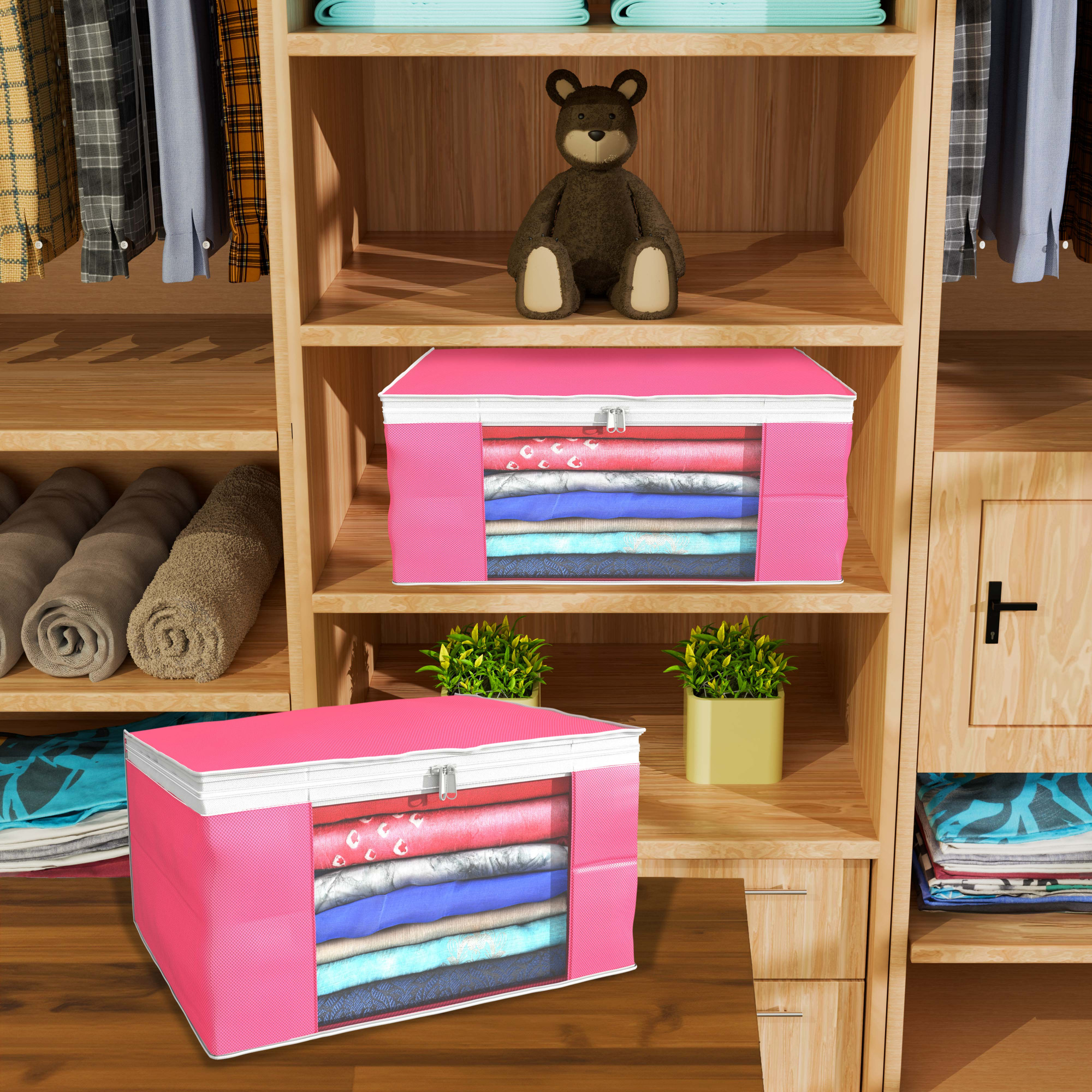 Kuber Industries  Saree Covers  Non-Woven Saree Bags  Clothes Bag for Women  Foldable Storage Bag for Almirah  Wardrobe White Piping Sari Cover Bags  Pink