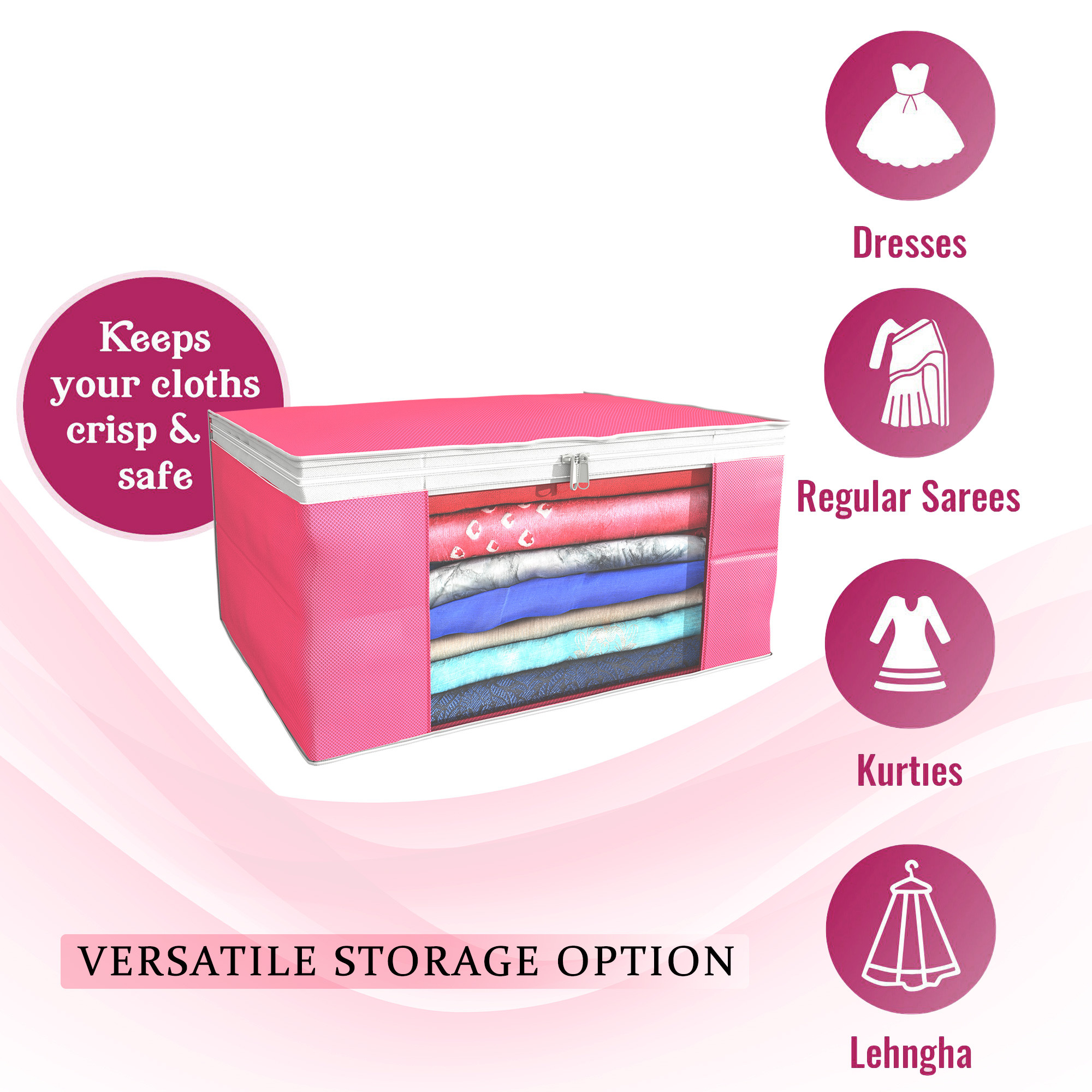 Kuber Industries  Saree Covers  Non-Woven Saree Bags  Clothes Bag for Women  Foldable Storage Bag for Almirah  Wardrobe White Piping Sari Cover Bags  Pink