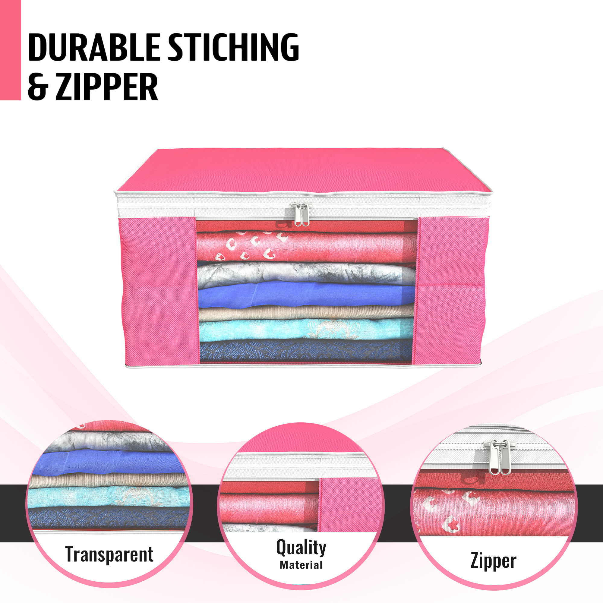 Kuber Industries  Saree Covers  Non-Woven Saree Bags  Clothes Bag for Women  Foldable Storage Bag for Almirah  Wardrobe White Piping Sari Cover Bags  Pink