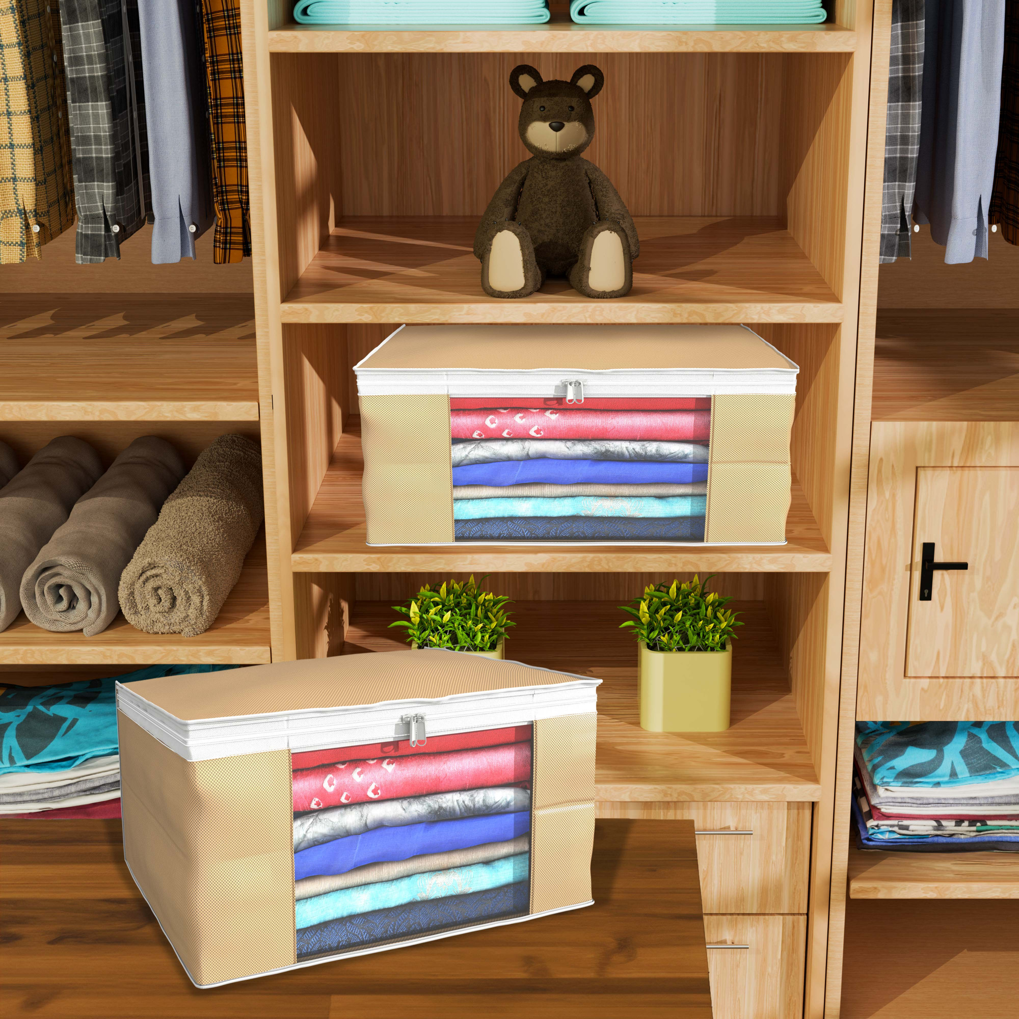 Kuber Industries  Saree Covers  Non-Woven Saree Bags  Clothes Bag for Women  Foldable Storage Bag for Almirah  Wardrobe White Piping Sari Cover Bags  Brown