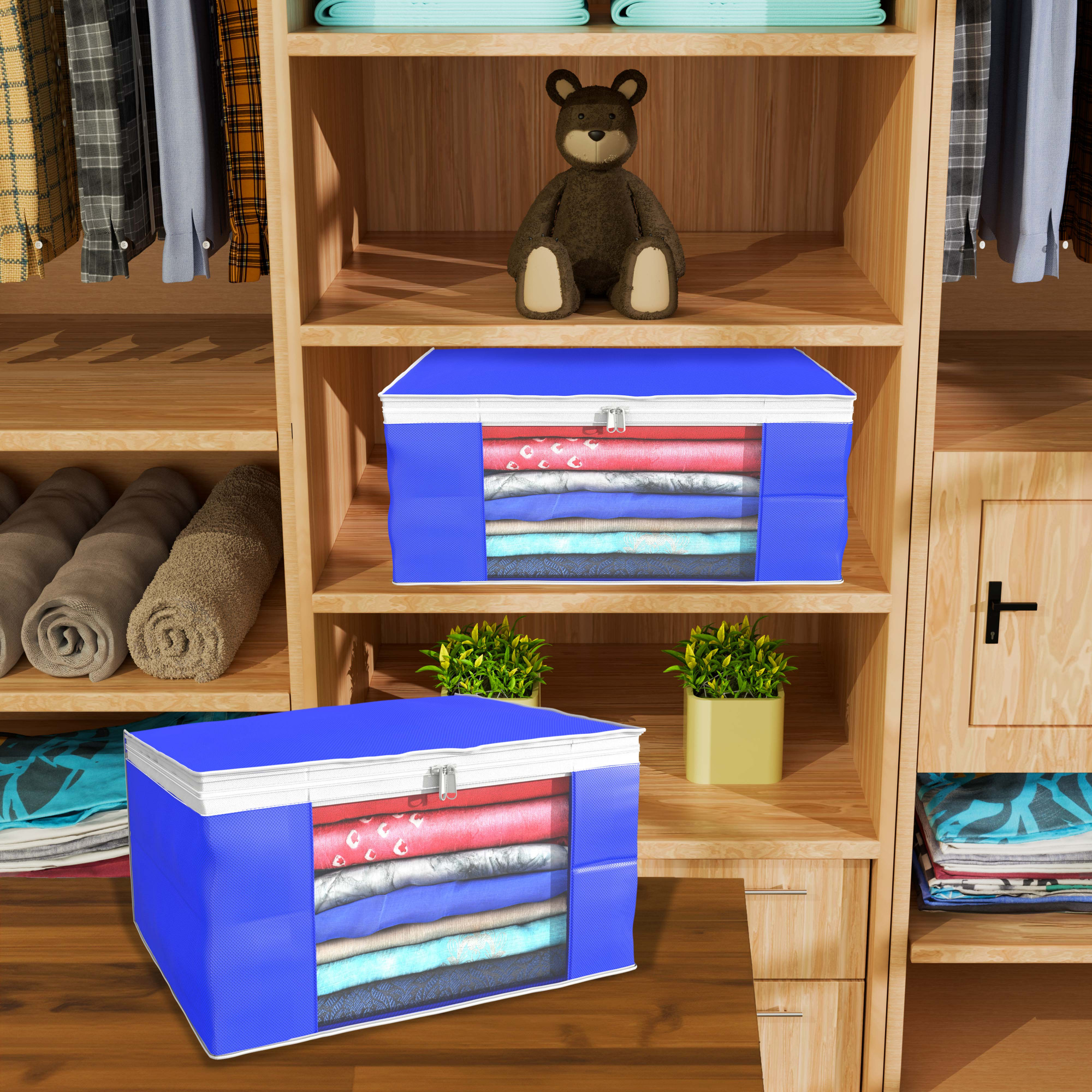 Kuber Industries  Saree Covers  Non-Woven Saree Bags  Clothes Bag for Women  Foldable Storage Bag for Almirah  Wardrobe White Piping Sari Cover Bags  Blue