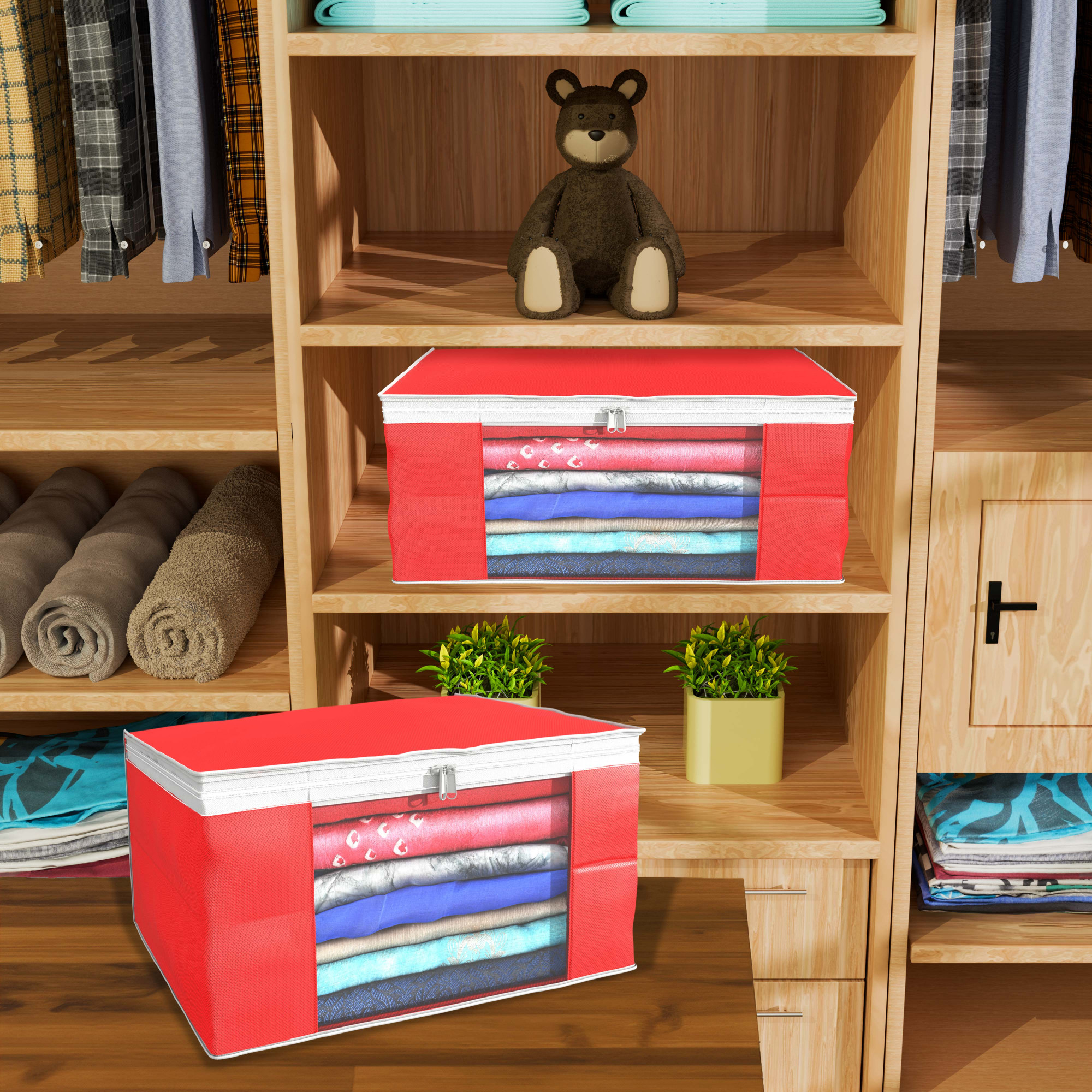 Kuber Industries  Saree Covers  Non-Woven Saree Bags  Clothes Bag for Women  Foldable Storage Bag for Almirah  Wardrobe White Piping Sari Cover Bags  Red