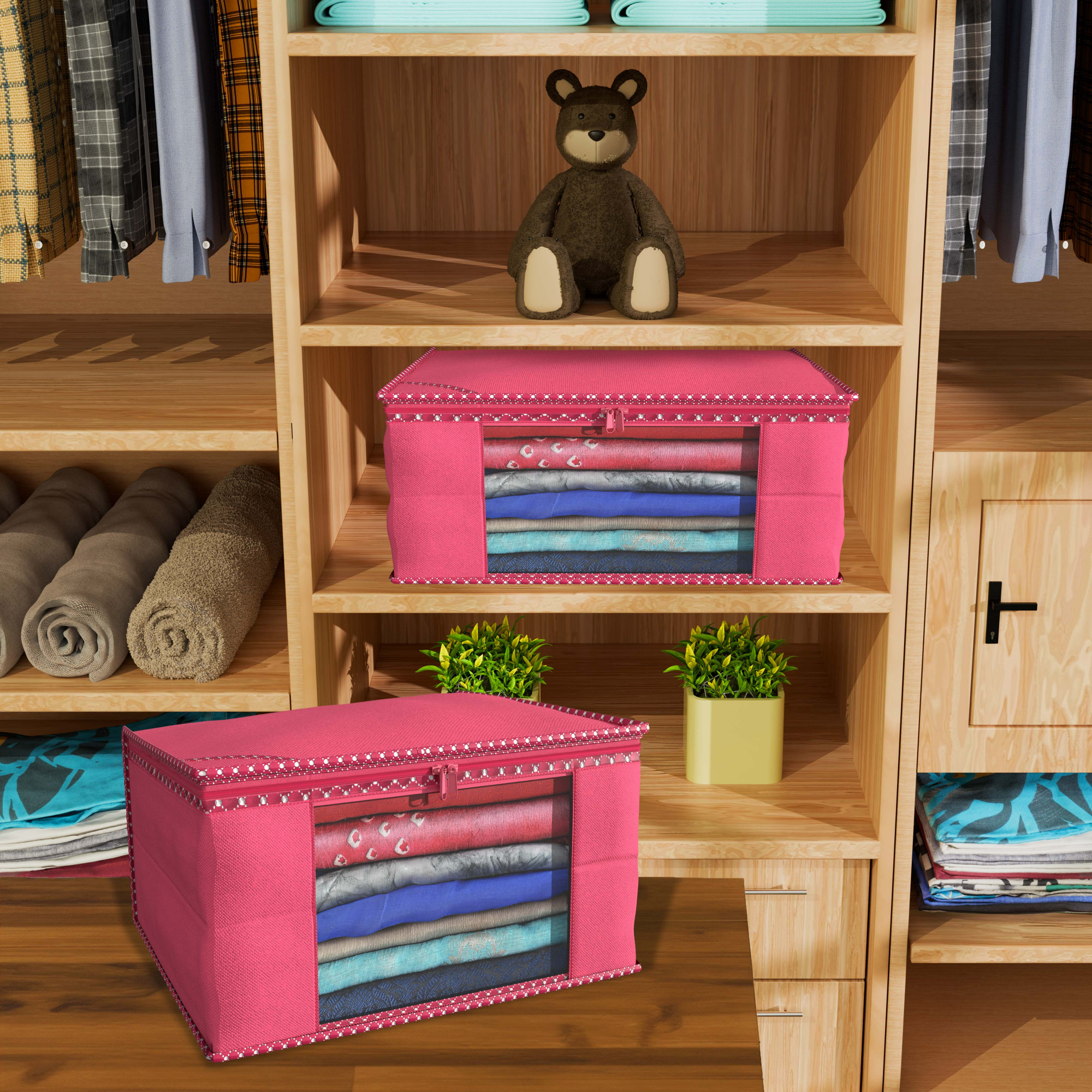 Kuber Industries  Saree Covers  Non-Woven Saree Bags  Clothes Bag for Women  Foldable Storage Bag for Almirah  Wardrobe Hathkadi Piping Sari Cover Bags  Pink