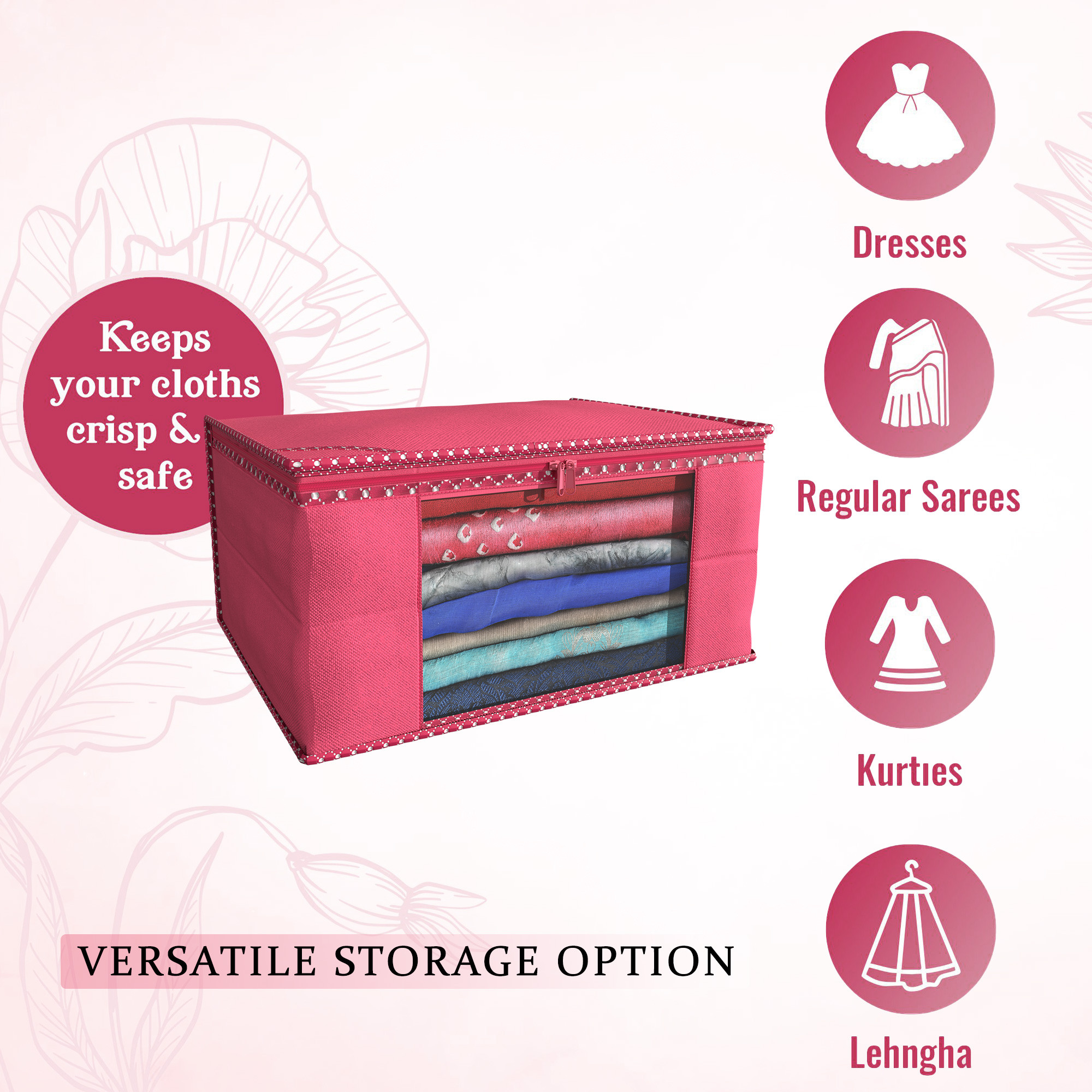 Kuber Industries  Saree Covers  Non-Woven Saree Bags  Clothes Bag for Women  Foldable Storage Bag for Almirah  Wardrobe Hathkadi Piping Sari Cover Bags  Pink