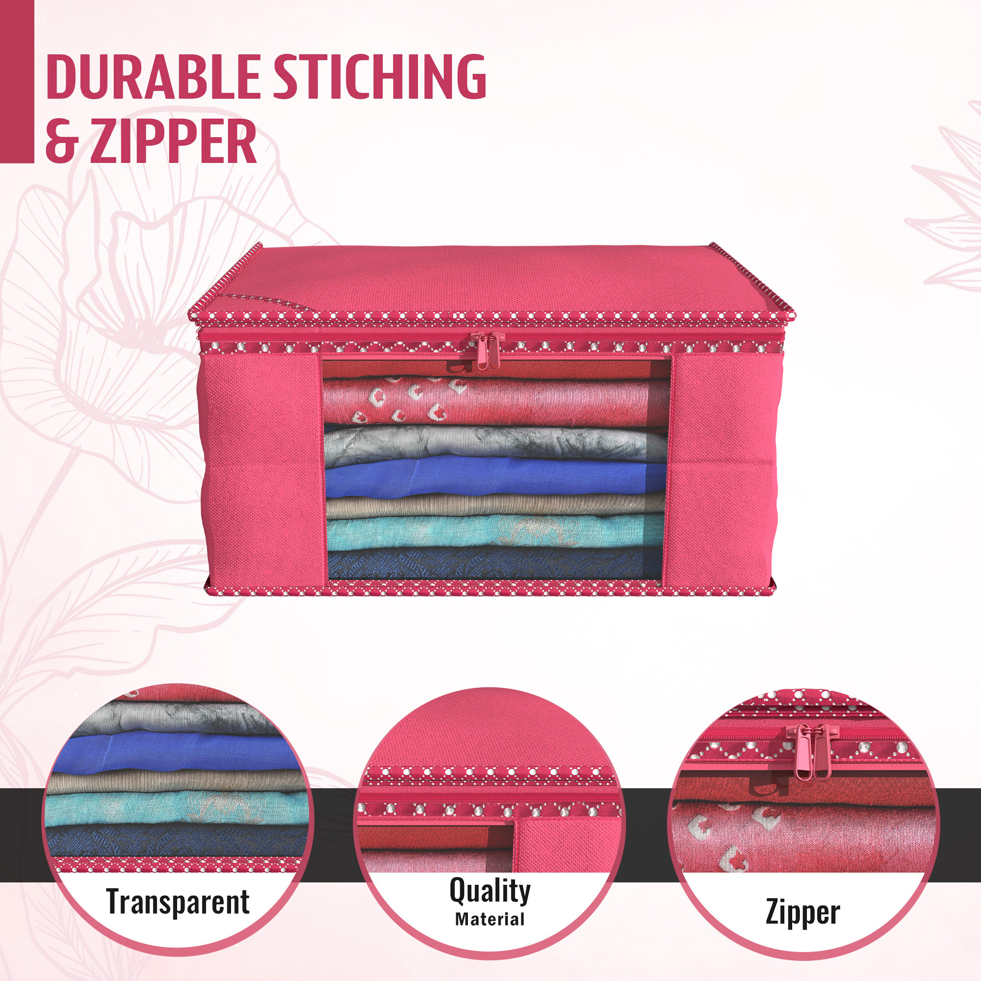 Kuber Industries  Saree Covers  Non-Woven Saree Bags  Clothes Bag for Women  Foldable Storage Bag for Almirah  Wardrobe Hathkadi Piping Sari Cover Bags  Pink