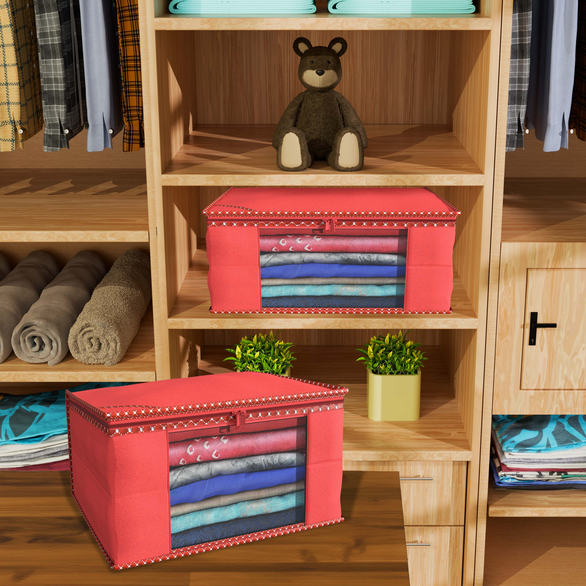 Kuber Industries  Saree Covers  Non-Woven Saree Bags  Clothes Bag for Women  Foldable Storage Bag for Almirah  Wardrobe Hathkadi Piping Sari Cover Bags  Red