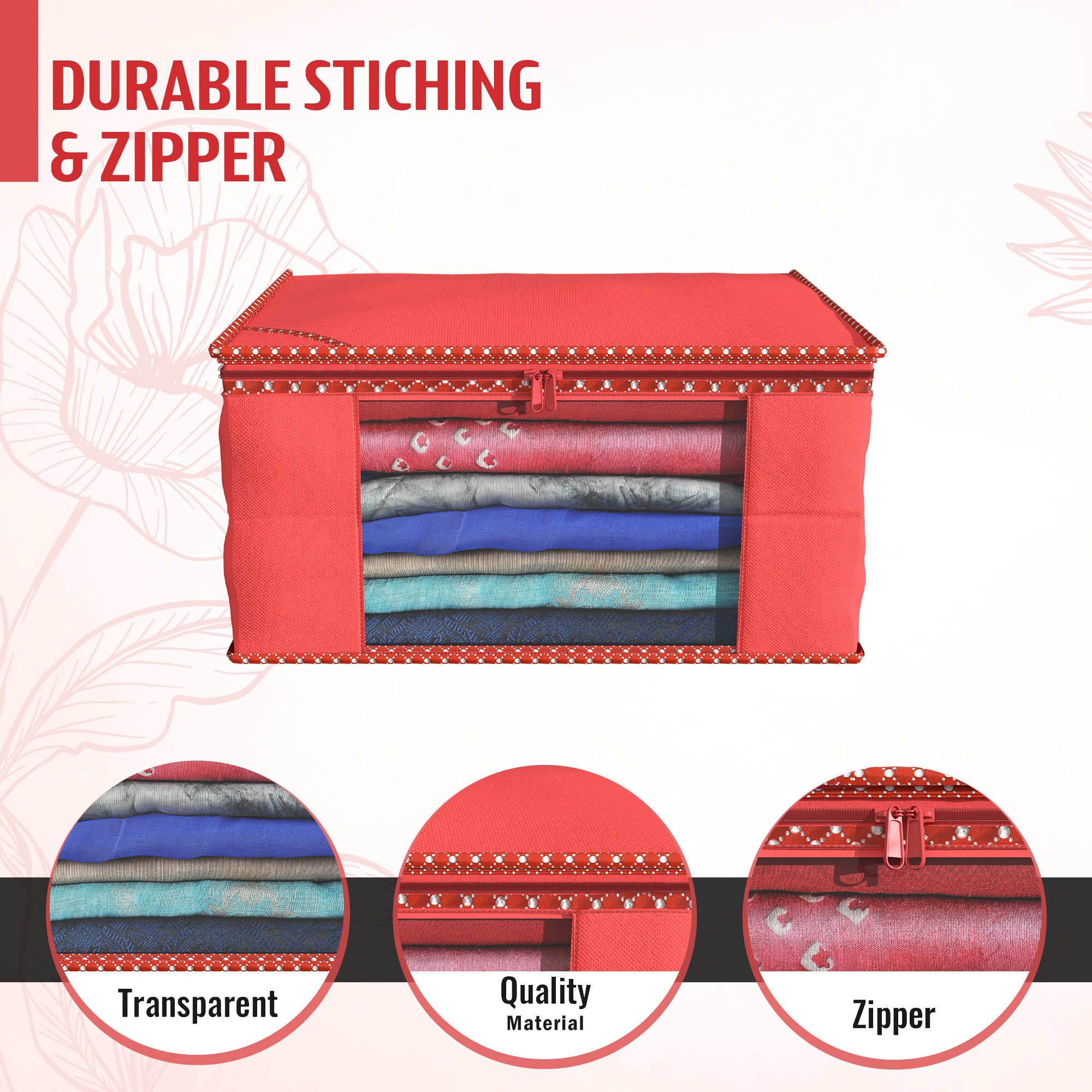 Kuber Industries  Saree Covers  Non-Woven Saree Bags  Clothes Bag for Women  Foldable Storage Bag for Almirah  Wardrobe Hathkadi Piping Sari Cover Bags  Red