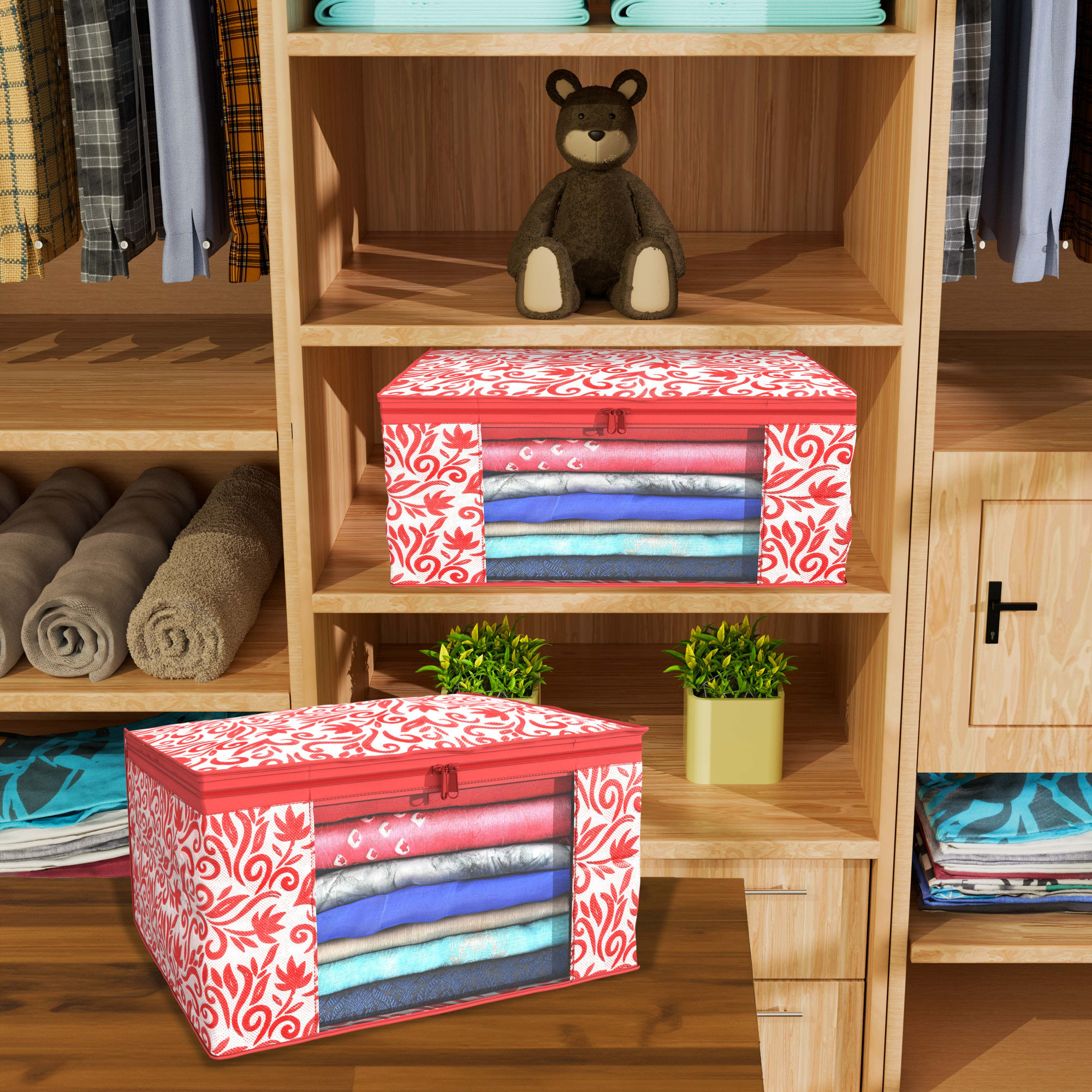 Kuber Industries  Saree Covers  Non-Woven Saree Bags  Clothes Bag for Women  Foldable Storage Bag for Almirah  Wardrobe Leaf Print Sari Cover Bags  Red