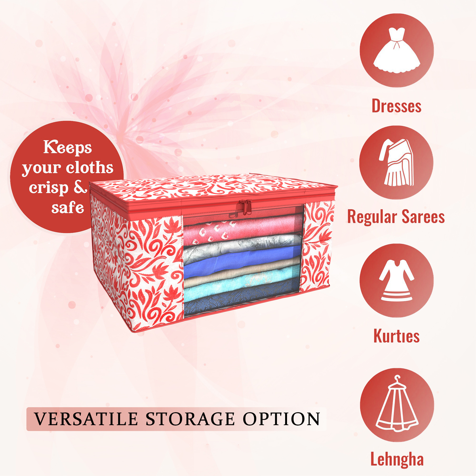 Kuber Industries  Saree Covers  Non-Woven Saree Bags  Clothes Bag for Women  Foldable Storage Bag for Almirah  Wardrobe Leaf Print Sari Cover Bags  Red