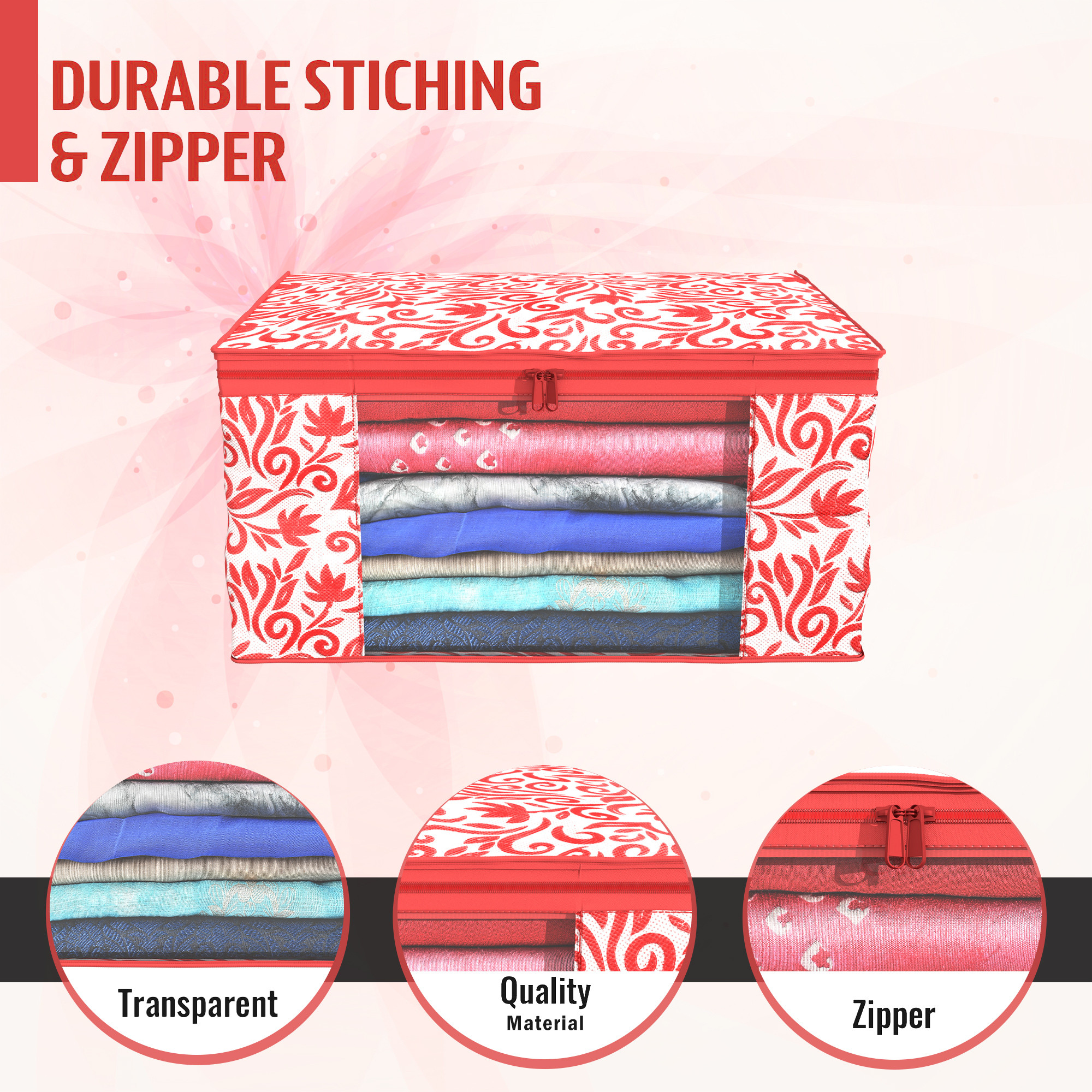 Kuber Industries  Saree Covers  Non-Woven Saree Bags  Clothes Bag for Women  Foldable Storage Bag for Almirah  Wardrobe Leaf Print Sari Cover Bags  Red