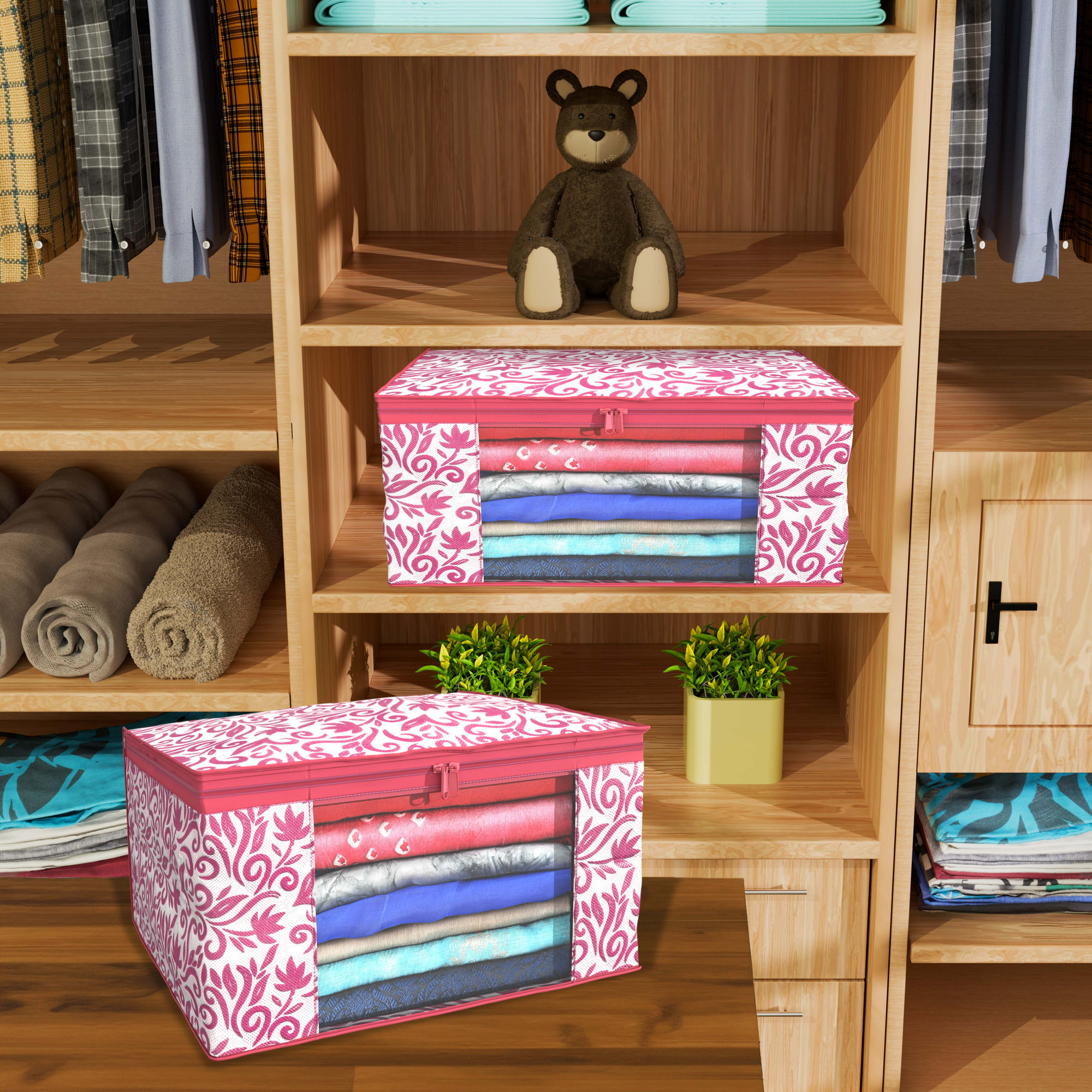 Kuber Industries  Saree Covers  Non-Woven Saree Bags  Clothes Bag for Women  Foldable Storage Bag for Almirah  Wardrobe Leaf Print Sari Cover Bags  Pink