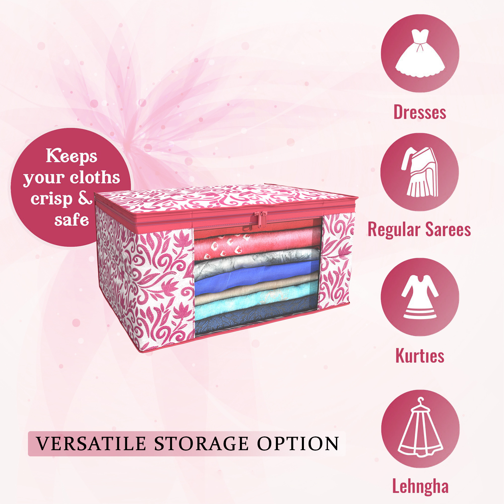 Kuber Industries  Saree Covers  Non-Woven Saree Bags  Clothes Bag for Women  Foldable Storage Bag for Almirah  Wardrobe Leaf Print Sari Cover Bags  Pink