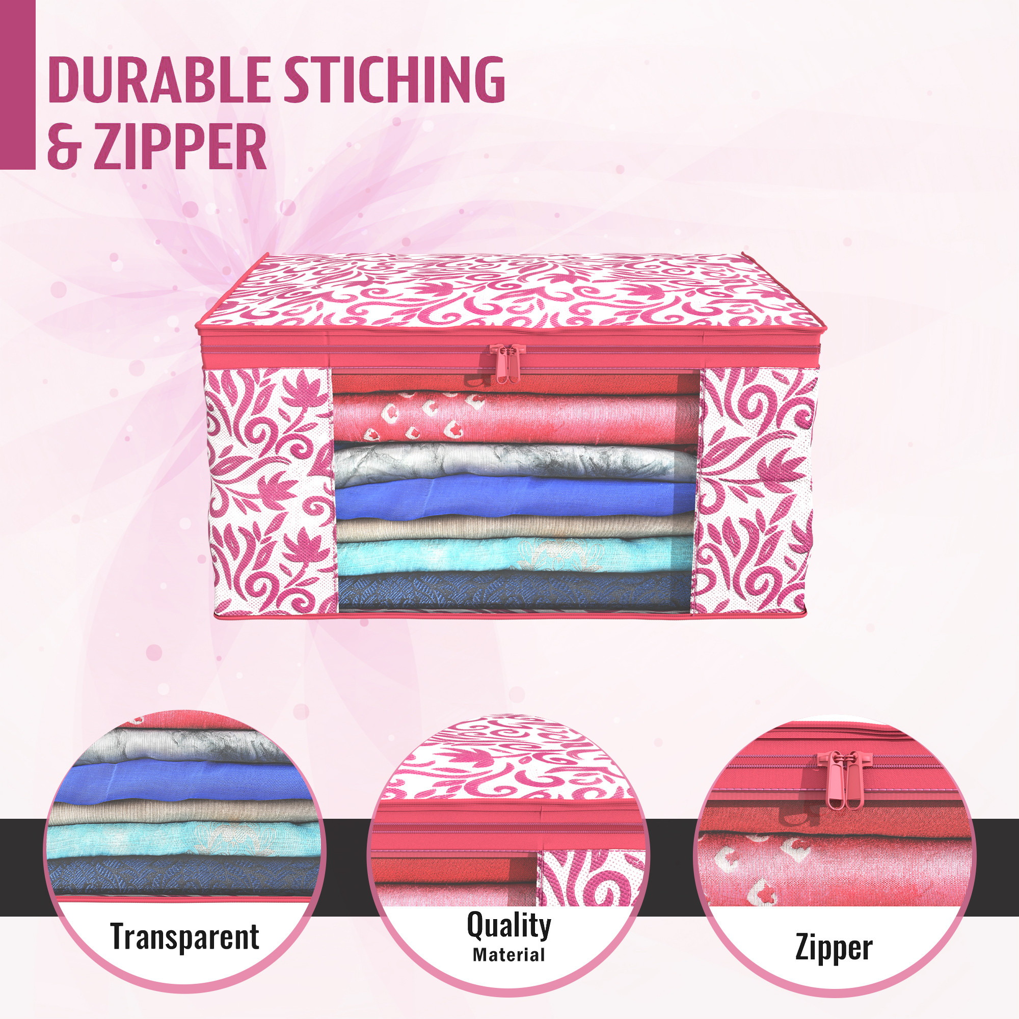 Kuber Industries  Saree Covers  Non-Woven Saree Bags  Clothes Bag for Women  Foldable Storage Bag for Almirah  Wardrobe Leaf Print Sari Cover Bags  Pink