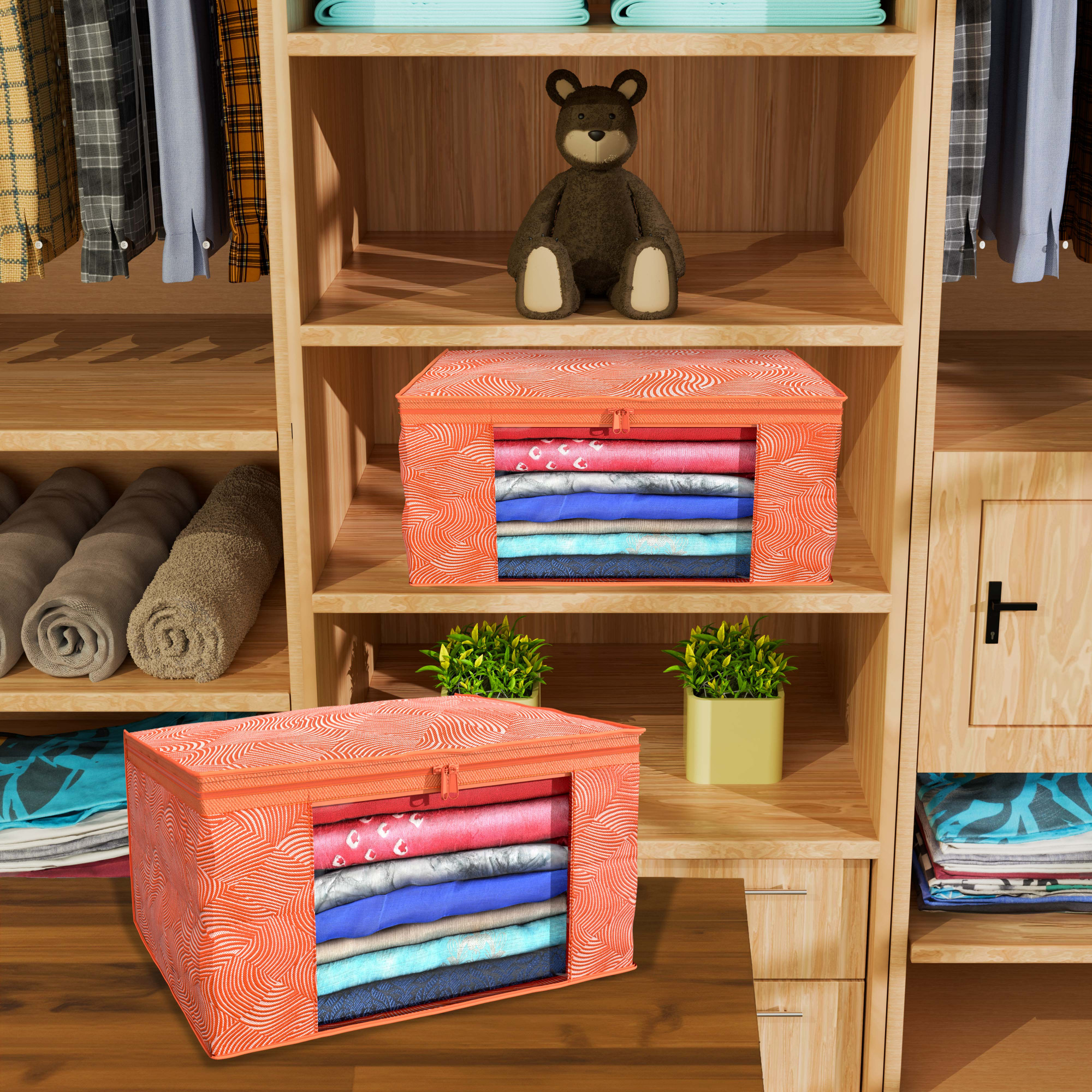 Kuber Industries  Saree Covers  Non-Woven Saree Bags  Clothes Bag for Women  Foldable Storage Bag for Almirah  Wardrobe Lahariya Print Sari Cover Bags  Orange