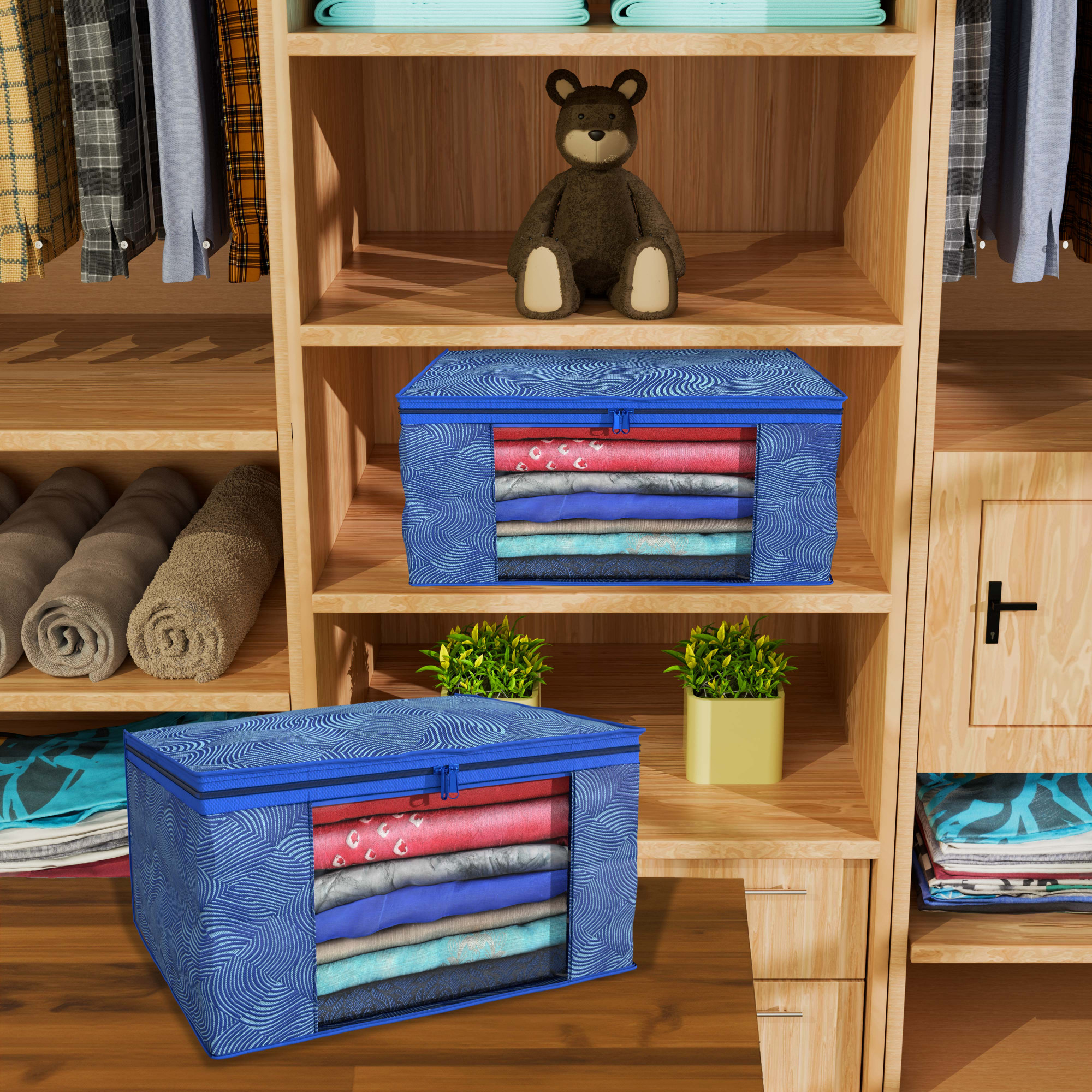 Kuber Industries  Saree Covers  Non-Woven Saree Bags  Clothes Bag for Women  Foldable Storage Bag for Almirah  Wardrobe Lahariya Print Sari Cover Bags  Blue