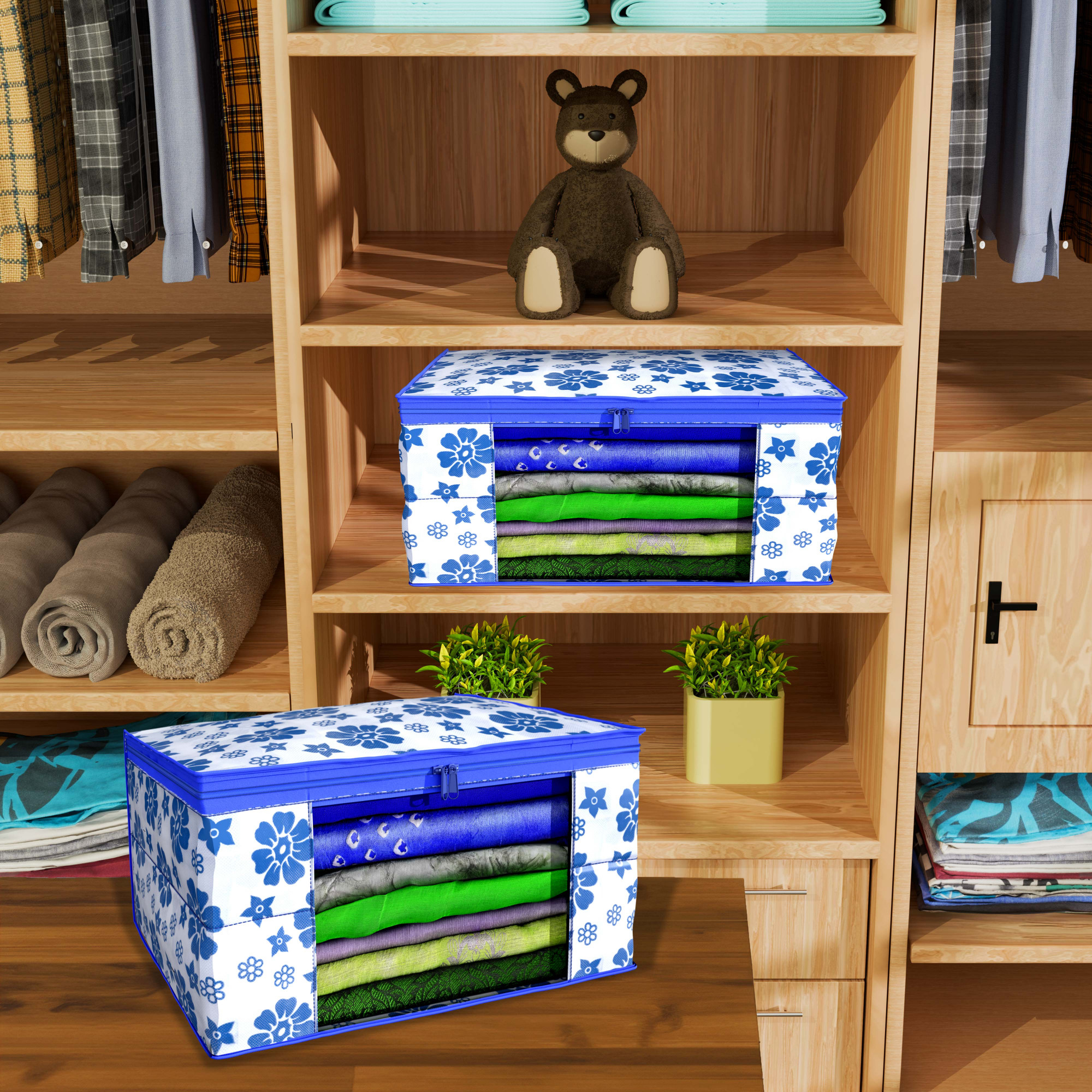 Kuber Industries  Saree Covers  Non-Woven Saree Bags  Clothes Bag for Women  Foldable Storage Bag for Almirah  Wardrobe Flower Print Sari Cover Bags  Blue