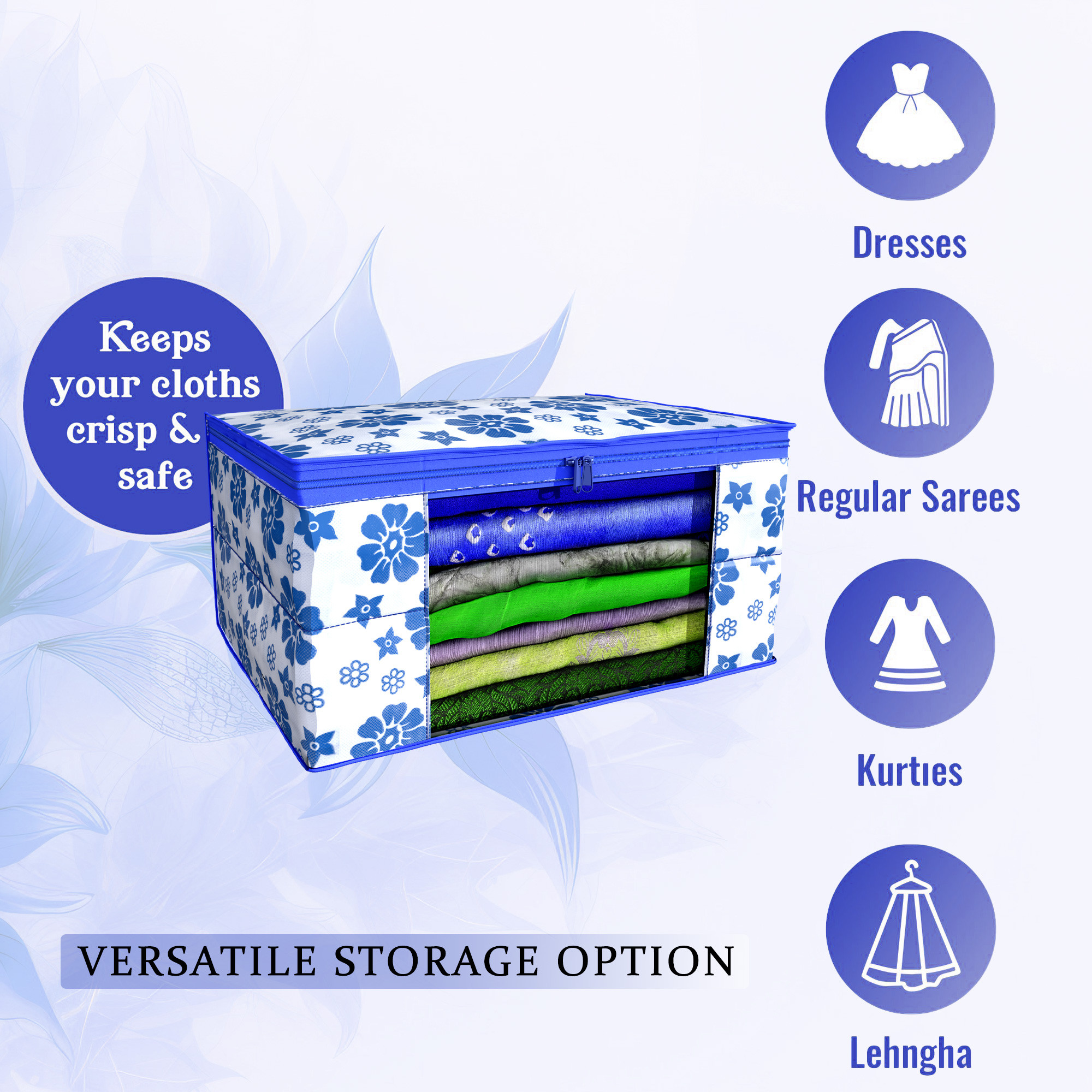 Kuber Industries  Saree Covers  Non-Woven Saree Bags  Clothes Bag for Women  Foldable Storage Bag for Almirah  Wardrobe Flower Print Sari Cover Bags  Blue
