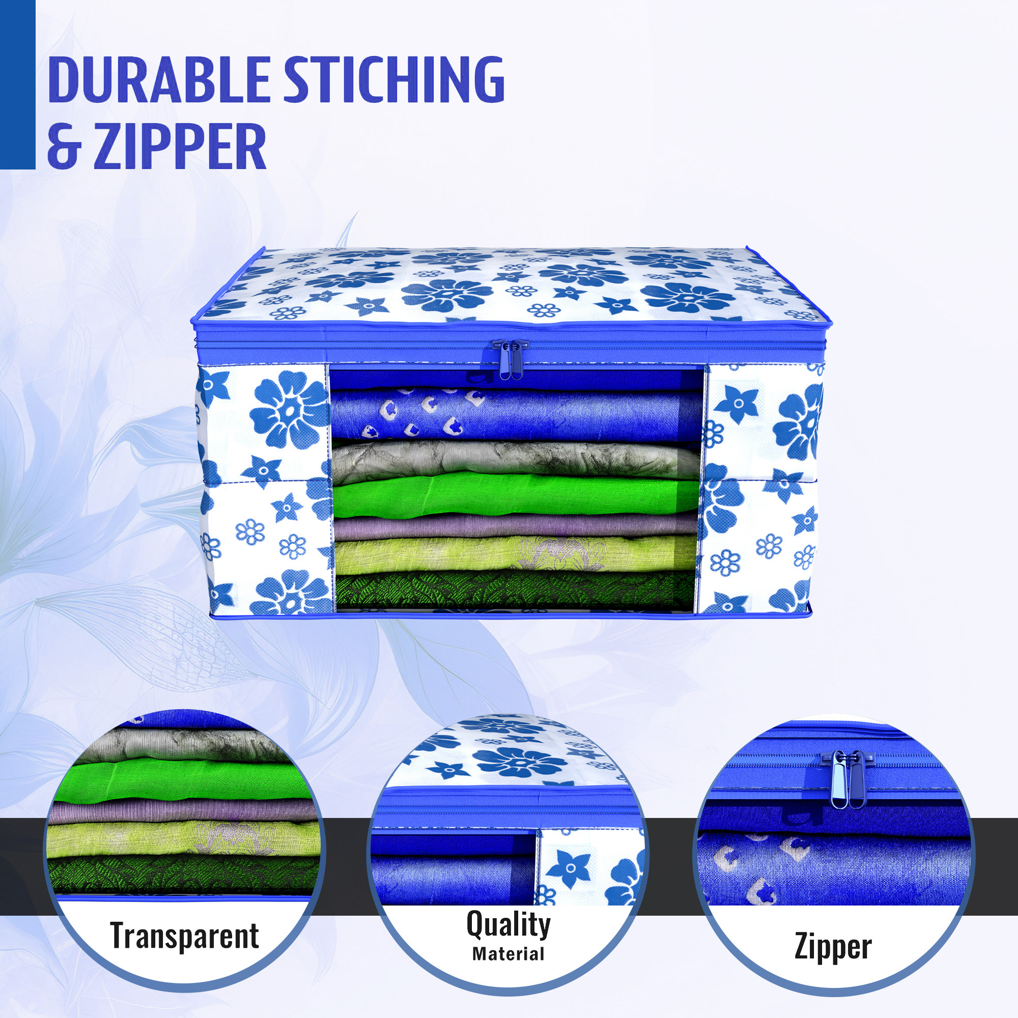 Kuber Industries  Saree Covers  Non-Woven Saree Bags  Clothes Bag for Women  Foldable Storage Bag for Almirah  Wardrobe Flower Print Sari Cover Bags  Blue