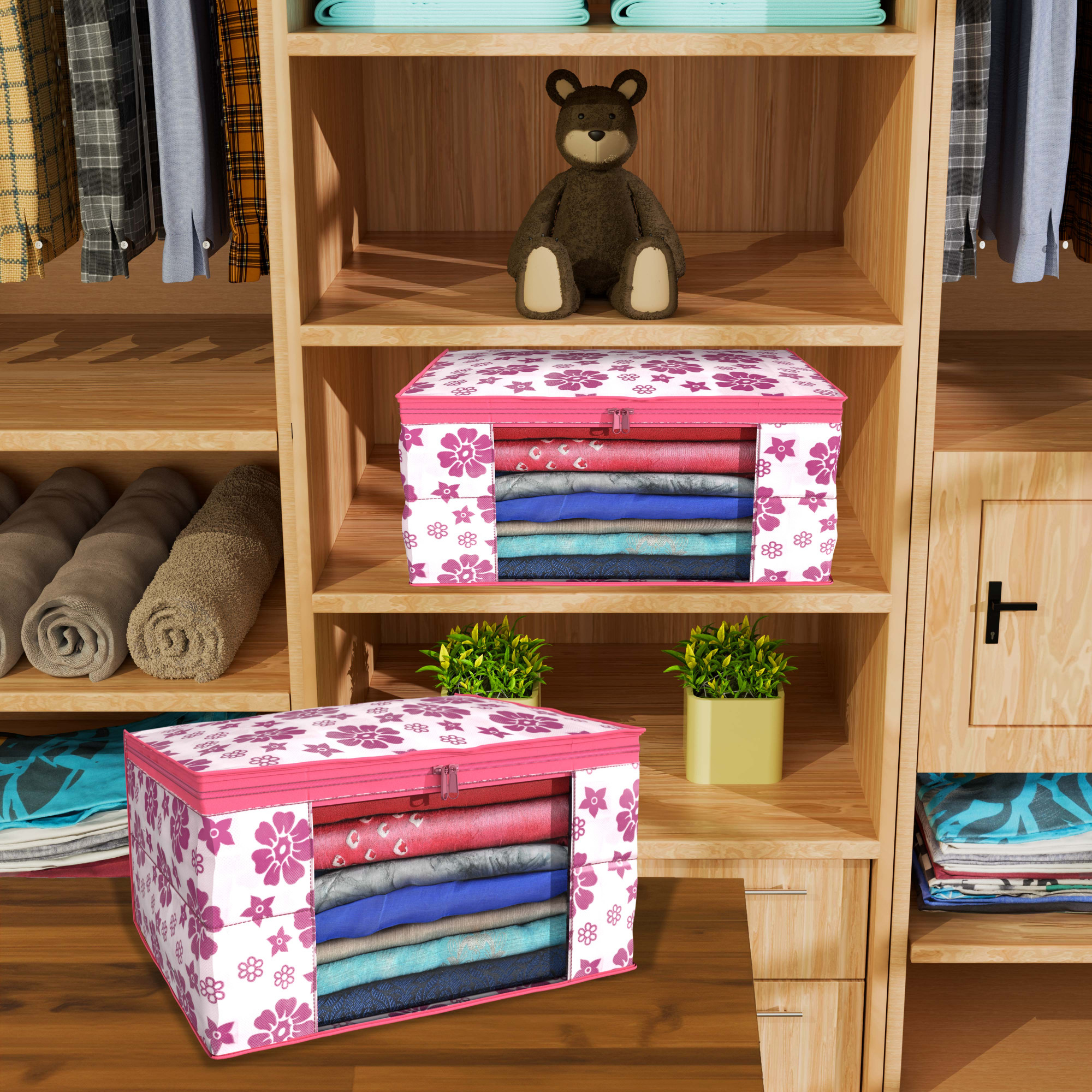 Kuber Industries  Saree Covers  Non-Woven Saree Bags  Clothes Bag for Women  Foldable Storage Bag for Almirah  Wardrobe Flower Print Sari Cover Bags  Pink