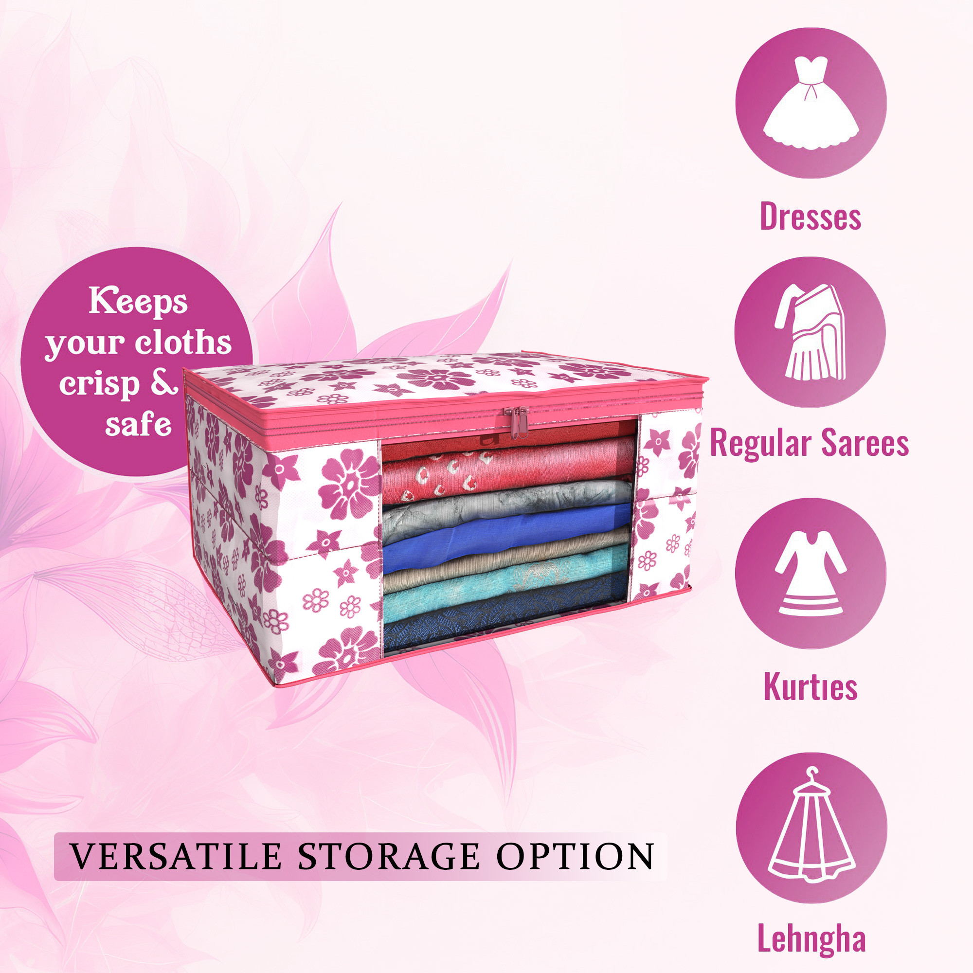 Kuber Industries  Saree Covers  Non-Woven Saree Bags  Clothes Bag for Women  Foldable Storage Bag for Almirah  Wardrobe Flower Print Sari Cover Bags  Pink