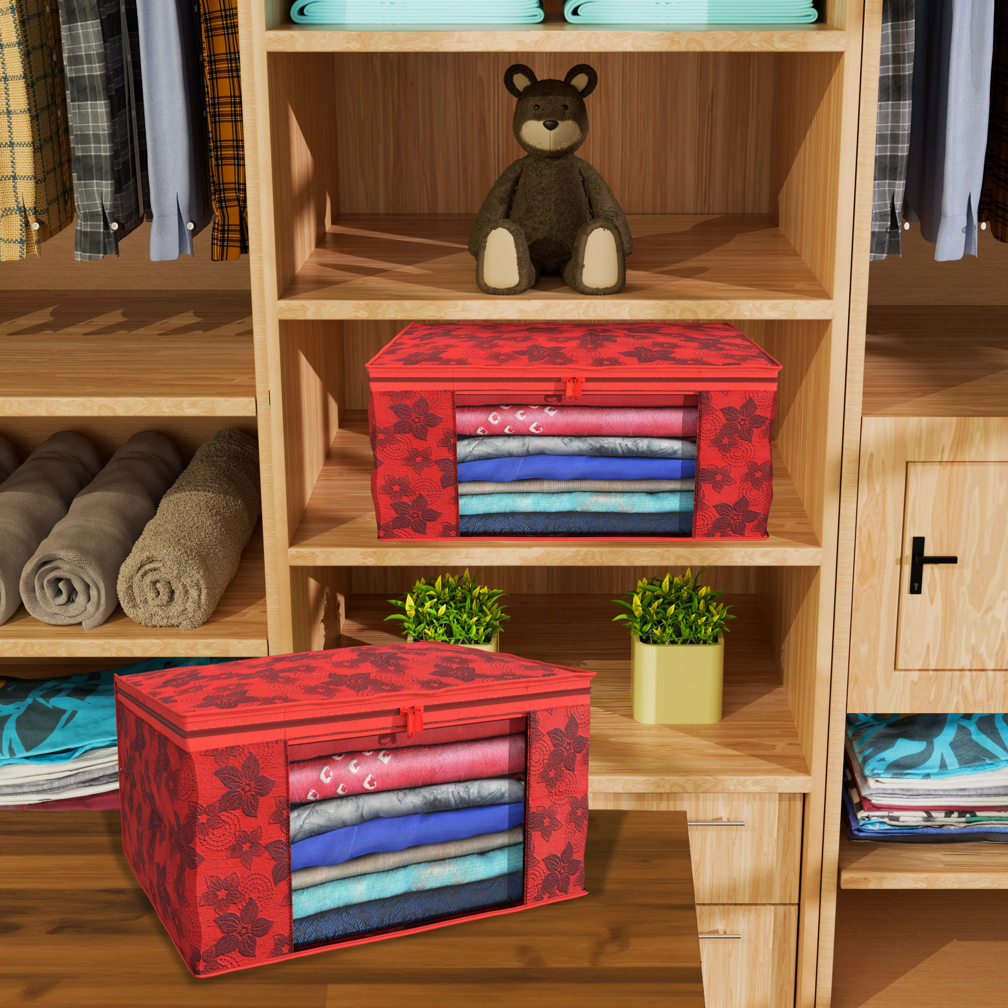 Kuber Industries  Saree Covers  Non-Woven Saree Bags  Clothes Bag for Women  Foldable Storage Bag for Almirah  Wardrobe New Flower Sari Cover Bags  Red