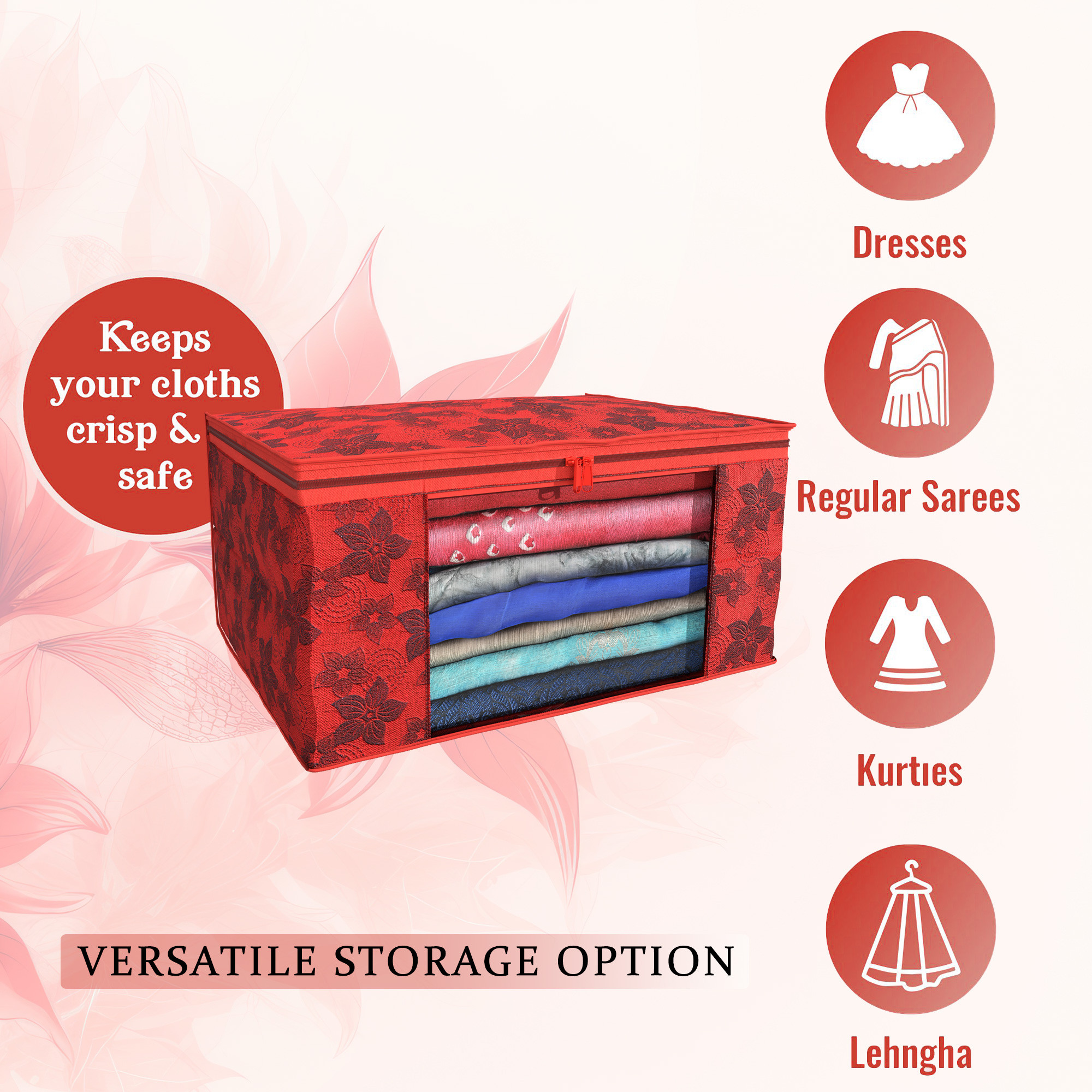 Kuber Industries  Saree Covers  Non-Woven Saree Bags  Clothes Bag for Women  Foldable Storage Bag for Almirah  Wardrobe New Flower Sari Cover Bags  Red