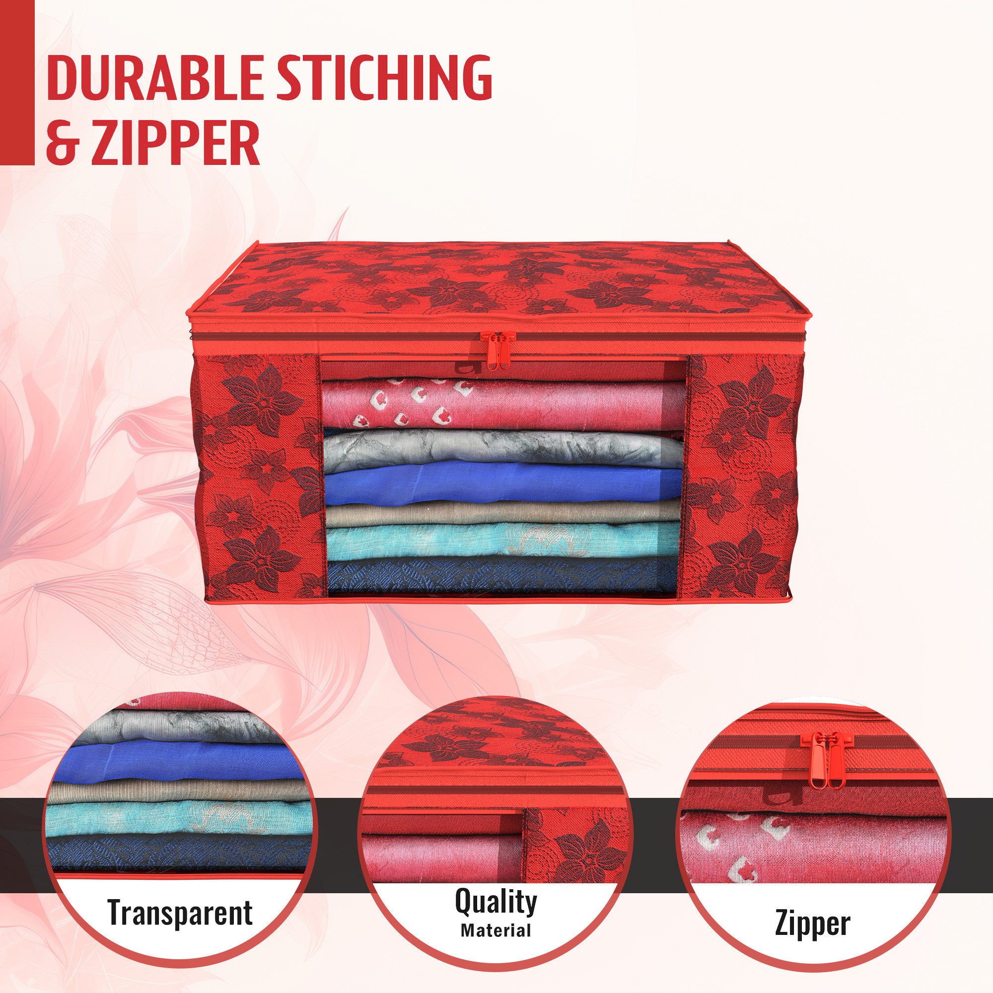 Kuber Industries  Saree Covers  Non-Woven Saree Bags  Clothes Bag for Women  Foldable Storage Bag for Almirah  Wardrobe New Flower Sari Cover Bags  Red