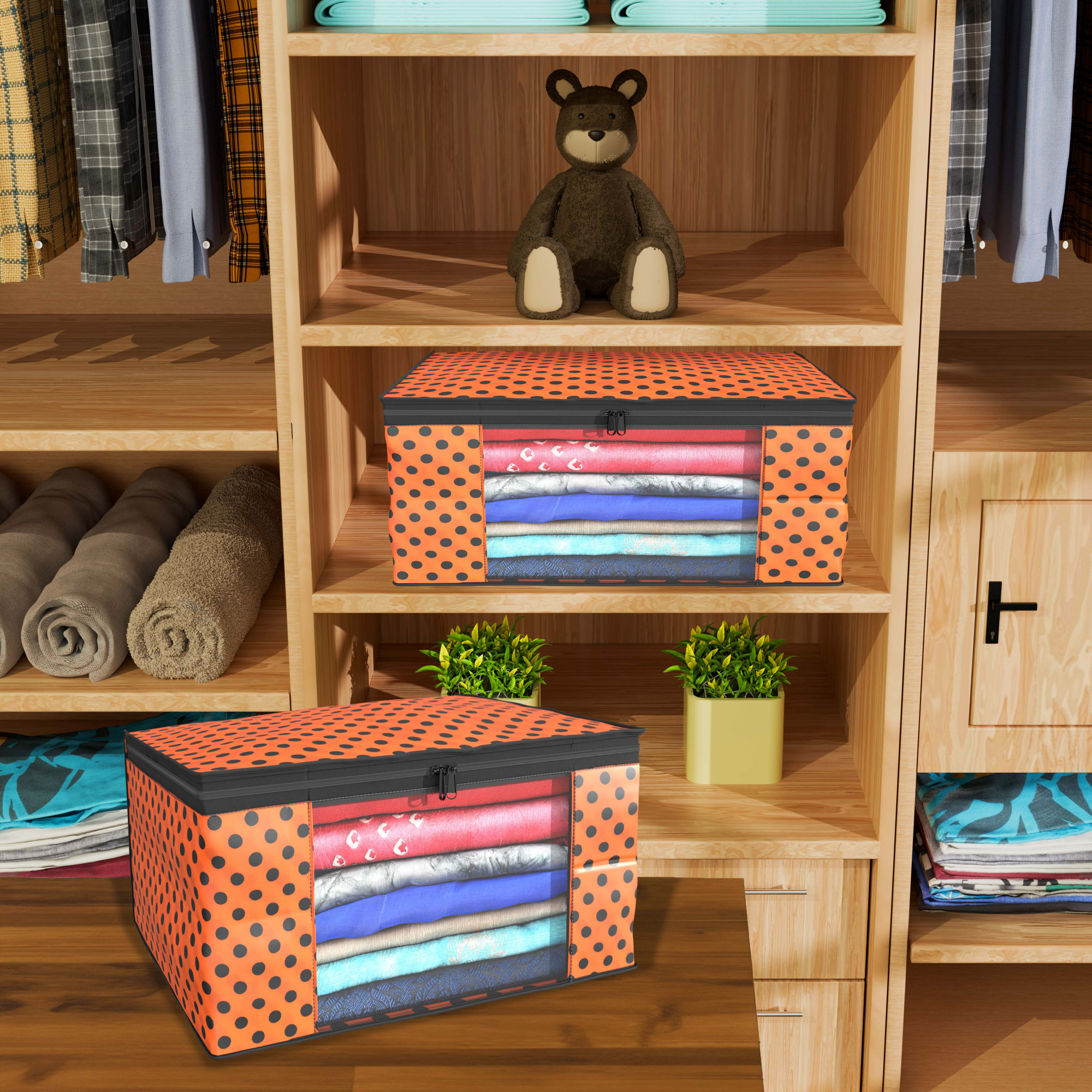 Kuber Industries  Saree Covers  Non-Woven Saree Bags  Clothes Bag for Women  Foldable Storage Bag for Almirah  Wardrobe Polka Dot Sari Cover Bags  Orange