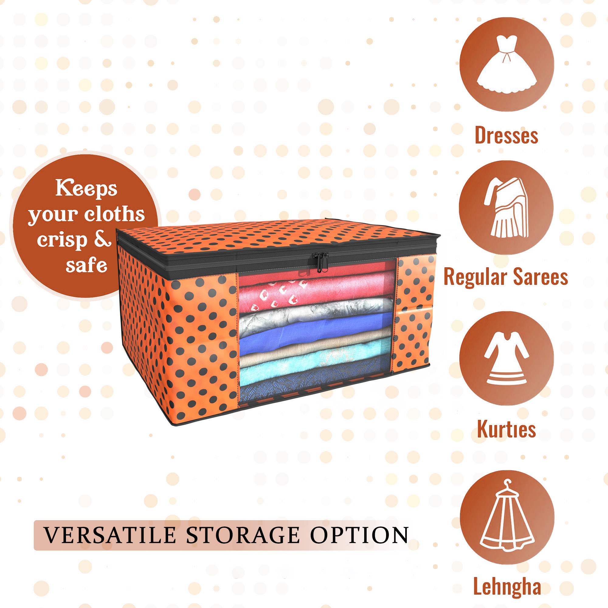 Kuber Industries  Saree Covers  Non-Woven Saree Bags  Clothes Bag for Women  Foldable Storage Bag for Almirah  Wardrobe Polka Dot Sari Cover Bags  Orange