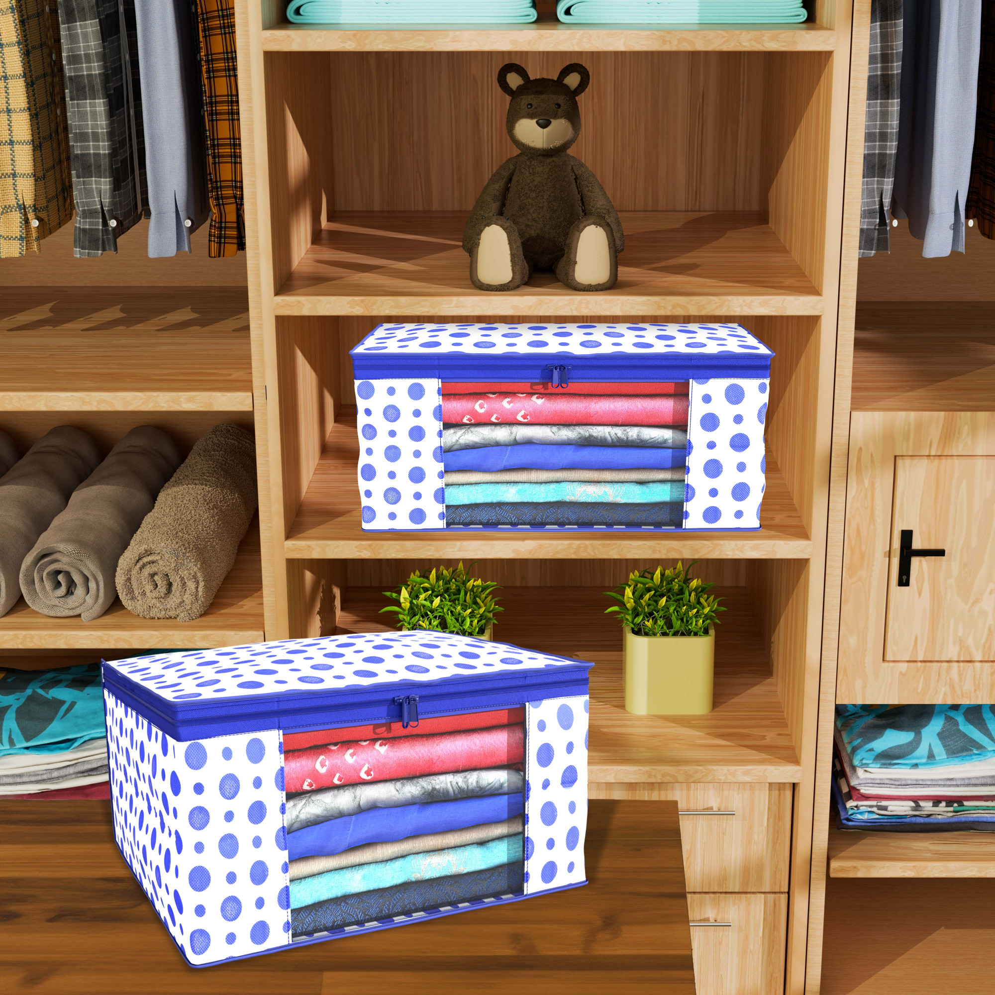 Kuber Industries  Saree Covers  Non-Woven Saree Bags  Clothes Bag for Women  Foldable Storage Bag for Almirah  Wardrobe Polka Dot Sari Cover Bags  Blue