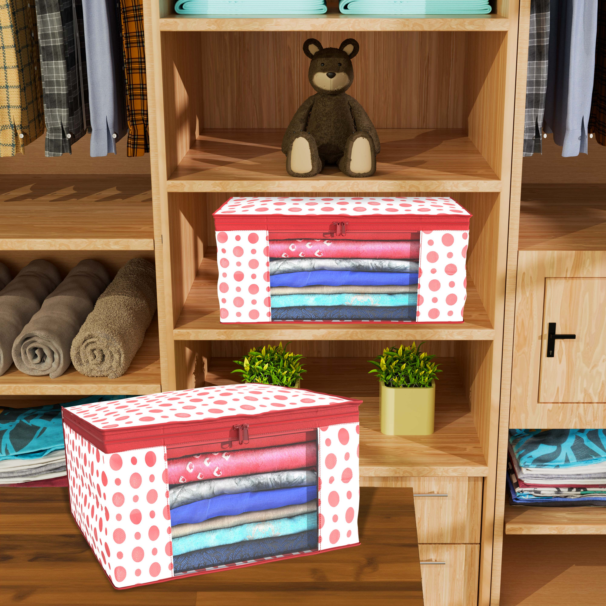 Kuber Industries  Saree Covers  Non-Woven Saree Bags  Clothes Bag for Women  Foldable Storage Bag for Almirah  Wardrobe Polka Dot Sari Cover Bags  Red