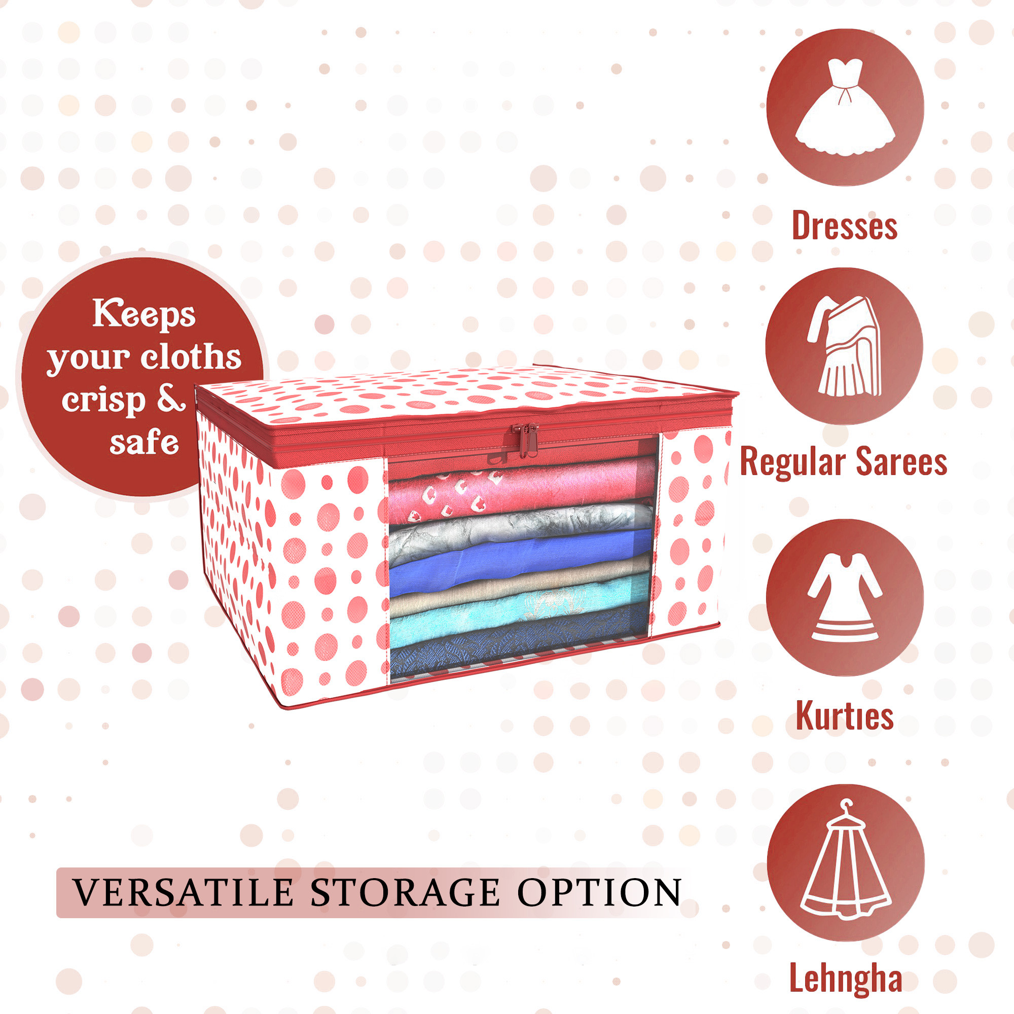 Kuber Industries  Saree Covers  Non-Woven Saree Bags  Clothes Bag for Women  Foldable Storage Bag for Almirah  Wardrobe Polka Dot Sari Cover Bags  Red