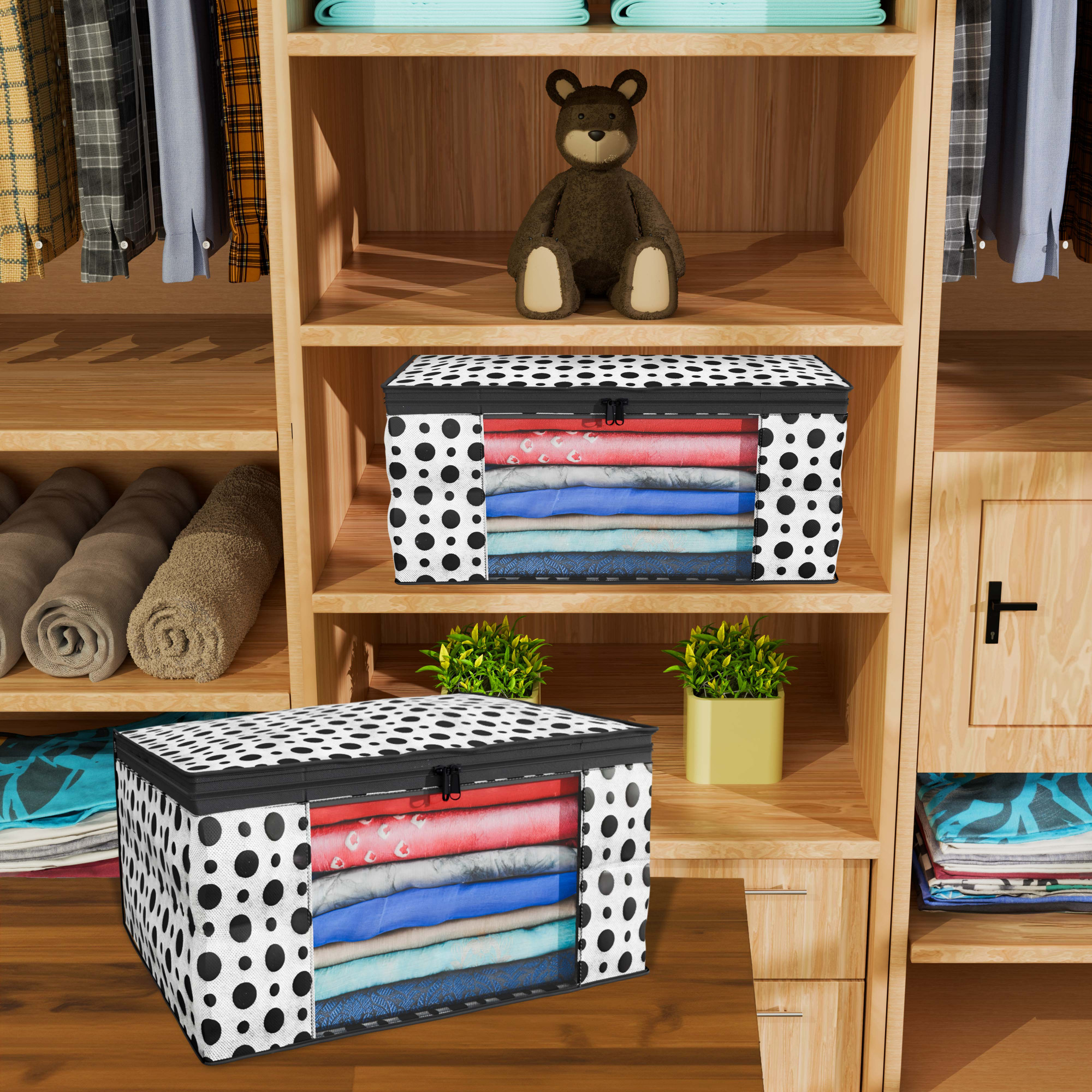 Kuber Industries  Saree Covers  Non-Woven Saree Bags  Clothes Bag for Women  Foldable Storage Bag for Almirah  Wardrobe Polka Dot Sari Cover Bags  White