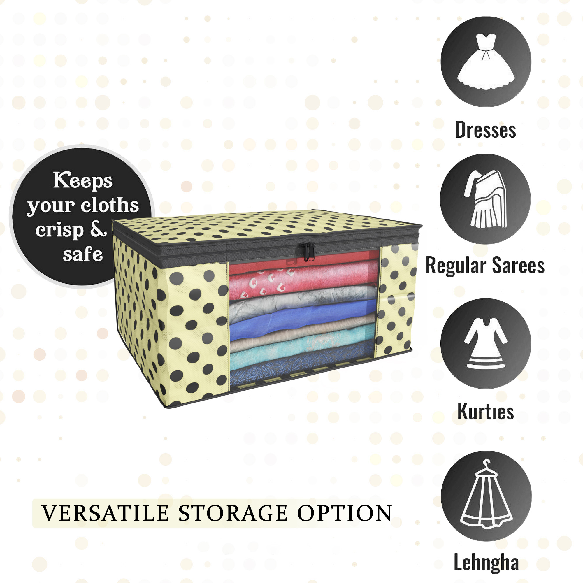 Kuber Industries  Saree Covers  Non-Woven Saree Bags  Clothes Bag for Women  Foldable Storage Bag for Almirah  Wardrobe Polka Dot Sari Cover Bags  Cream