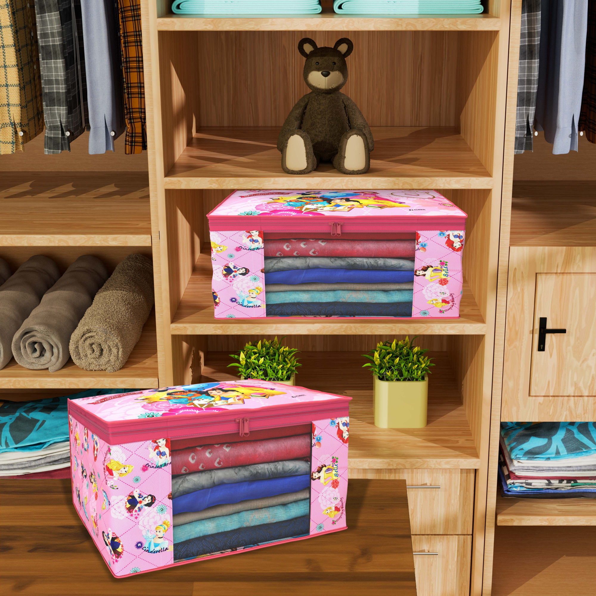 Kuber Industries  Saree Covers Disney Princess Non-Woven Saree Bags  Clothes Bag for Women  Foldable Storage Bag for Almirah Wardrobe  Sari Cover Bags  Pink