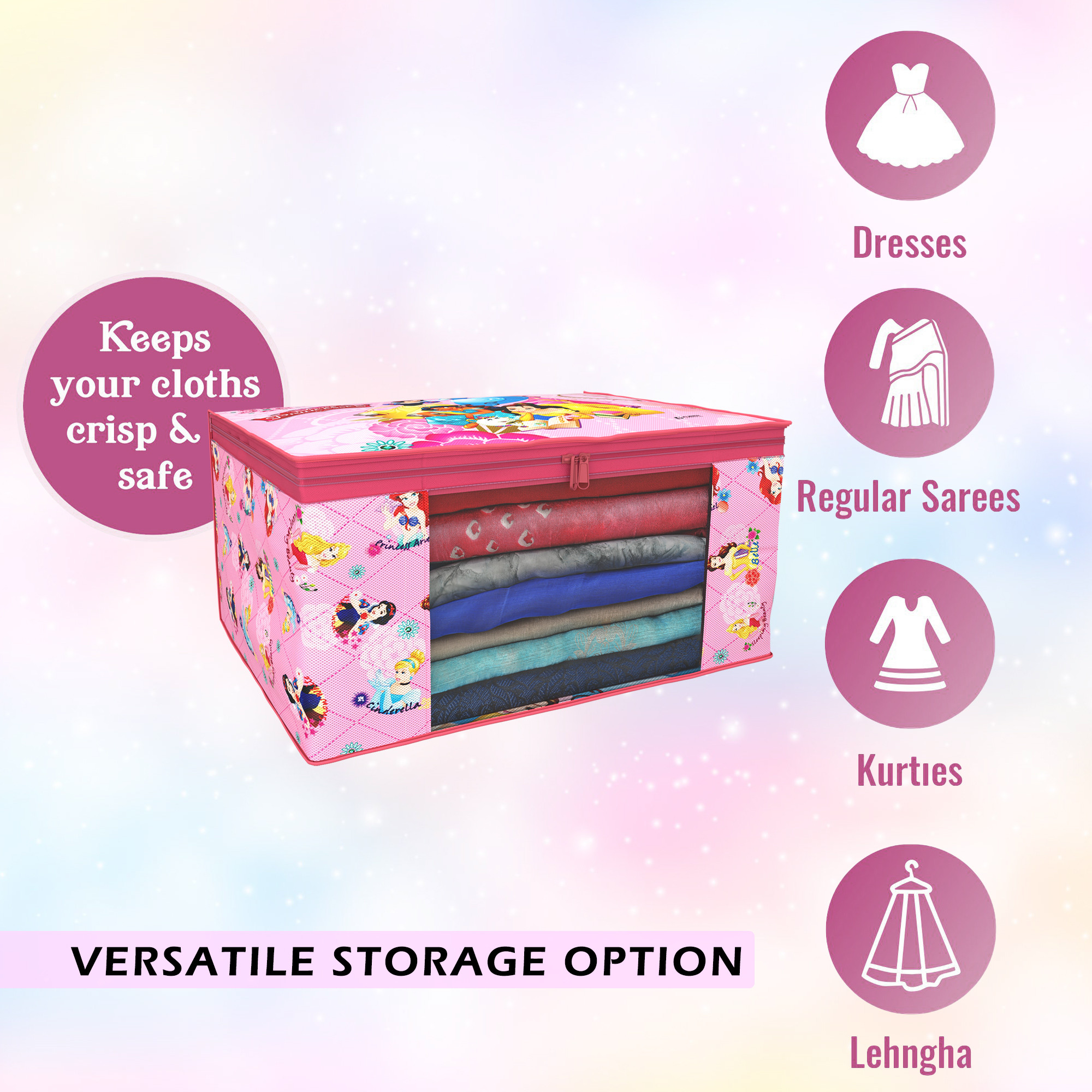 Kuber Industries  Saree Covers Disney Princess Non-Woven Saree Bags  Clothes Bag for Women  Foldable Storage Bag for Almirah Wardrobe  Sari Cover Bags  Pink