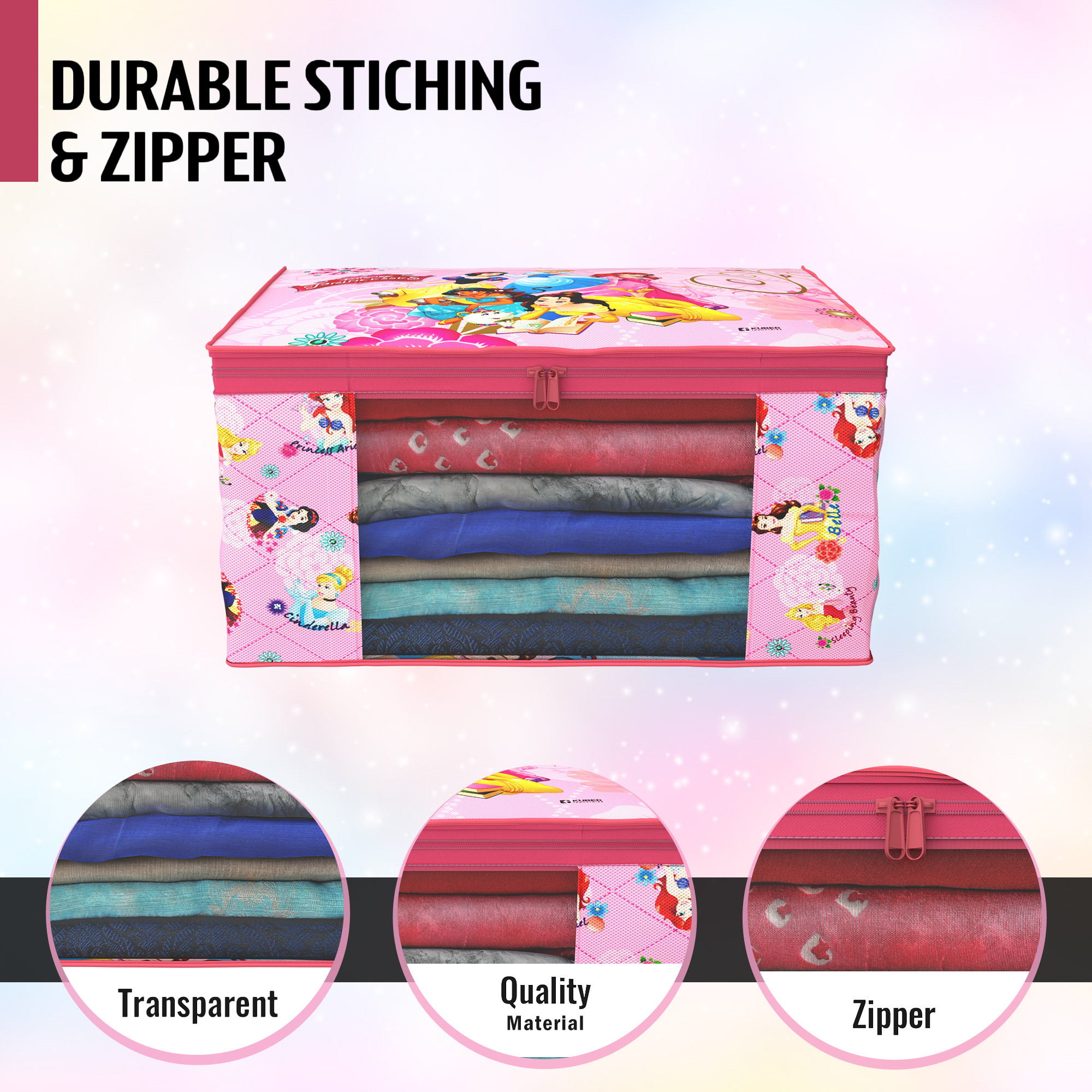 Kuber Industries  Saree Covers Disney Princess Non-Woven Saree Bags  Clothes Bag for Women  Foldable Storage Bag for Almirah Wardrobe  Sari Cover Bags  Pink