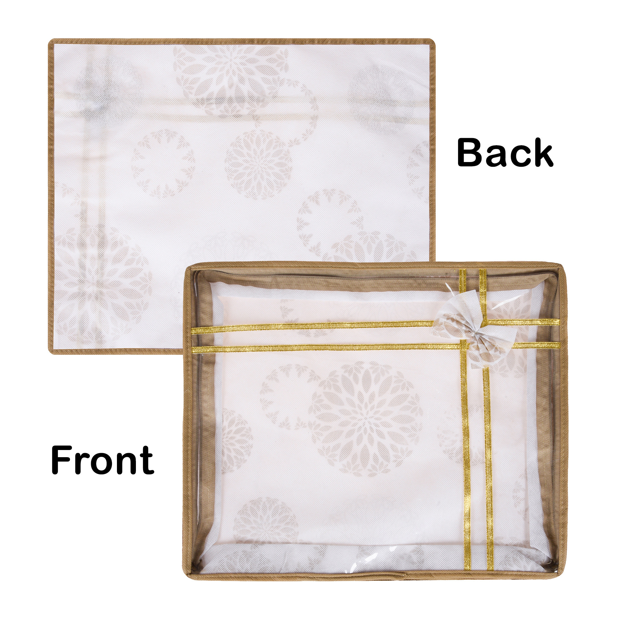 Kuber Industries  Saree Storage Bag  3 Inch  Lightweight-Portable Garments Bag  Non Woven Wardrobe Bag Set  Top Visible Window Clothes Bags  Bow-Gola Print  White
