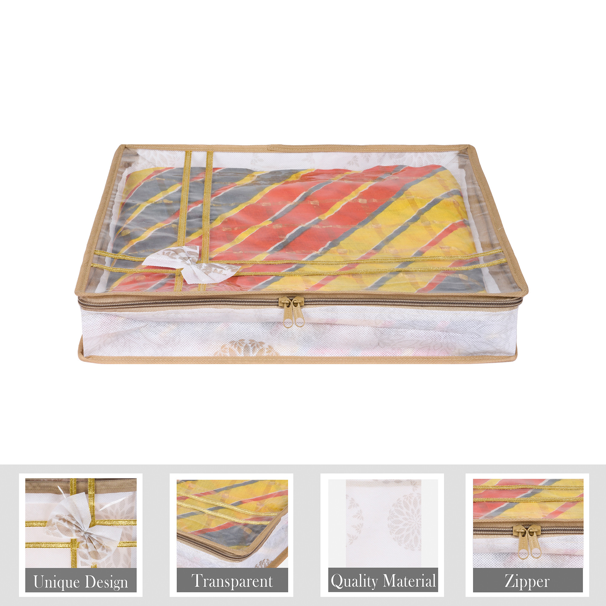 Kuber Industries  Saree Storage Bag  3 Inch  Lightweight-Portable Garments Bag  Non Woven Wardrobe Bag Set  Top Visible Window Clothes Bags  Bow-Gola Print  White