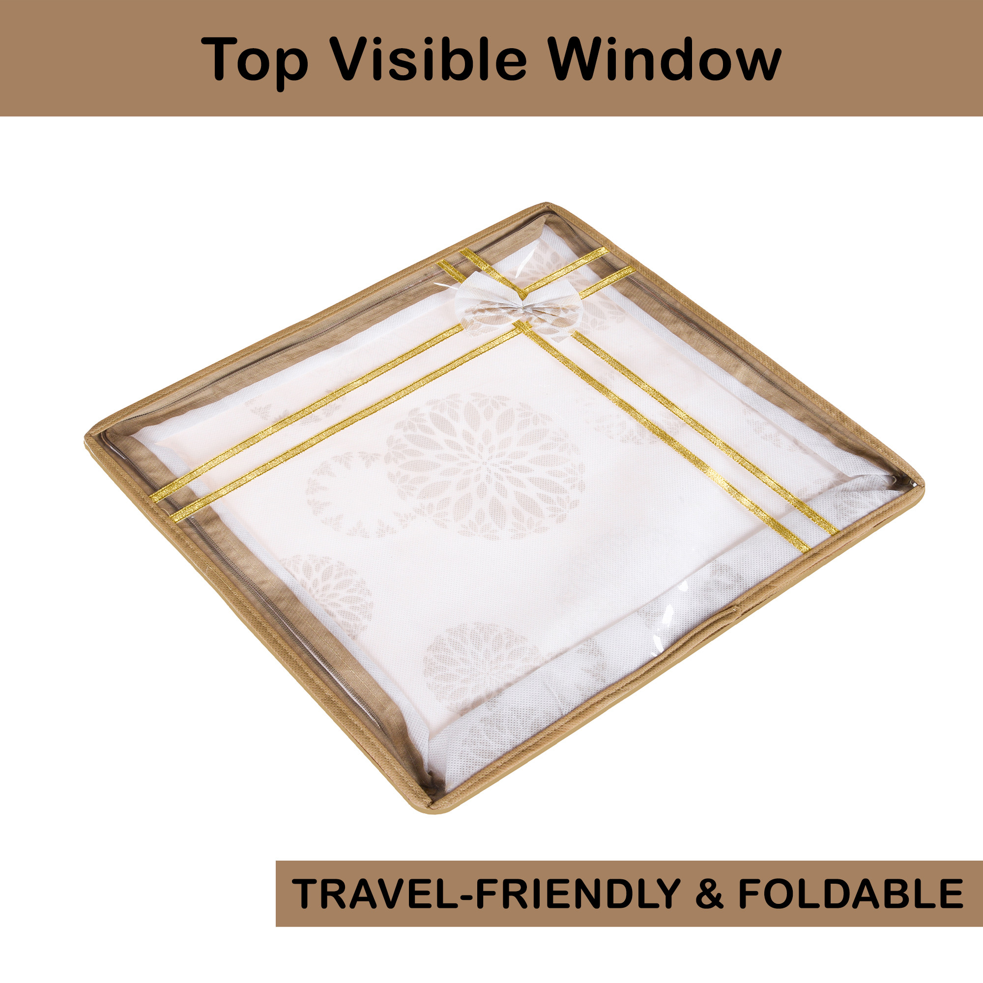 Kuber Industries  Saree Storage Bag  3 Inch  Lightweight-Portable Garments Bag  Non Woven Wardrobe Bag Set  Top Visible Window Clothes Bags  Bow-Gola Print  White