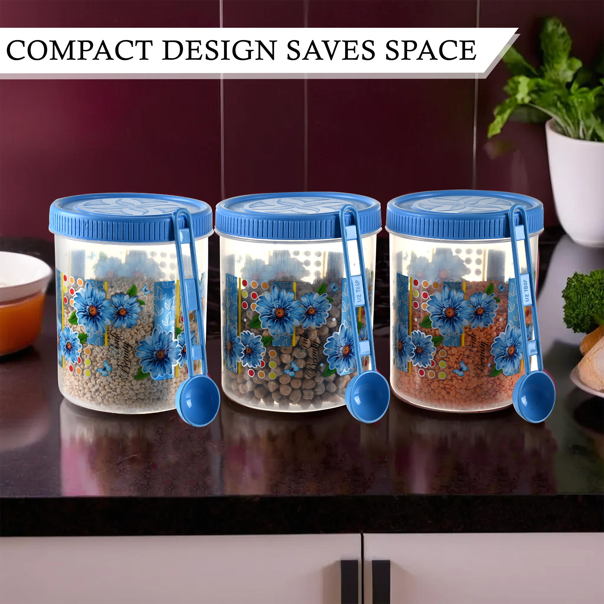 Kuber Industries  Set of 3  Storage Containers  1000 ML Plastic Kitchen Container for Rice Cereals Snacks Dry Fruits  Kitchen Jar with Spoon  Masala Box for Kitchen  Spice Boxes  Blue