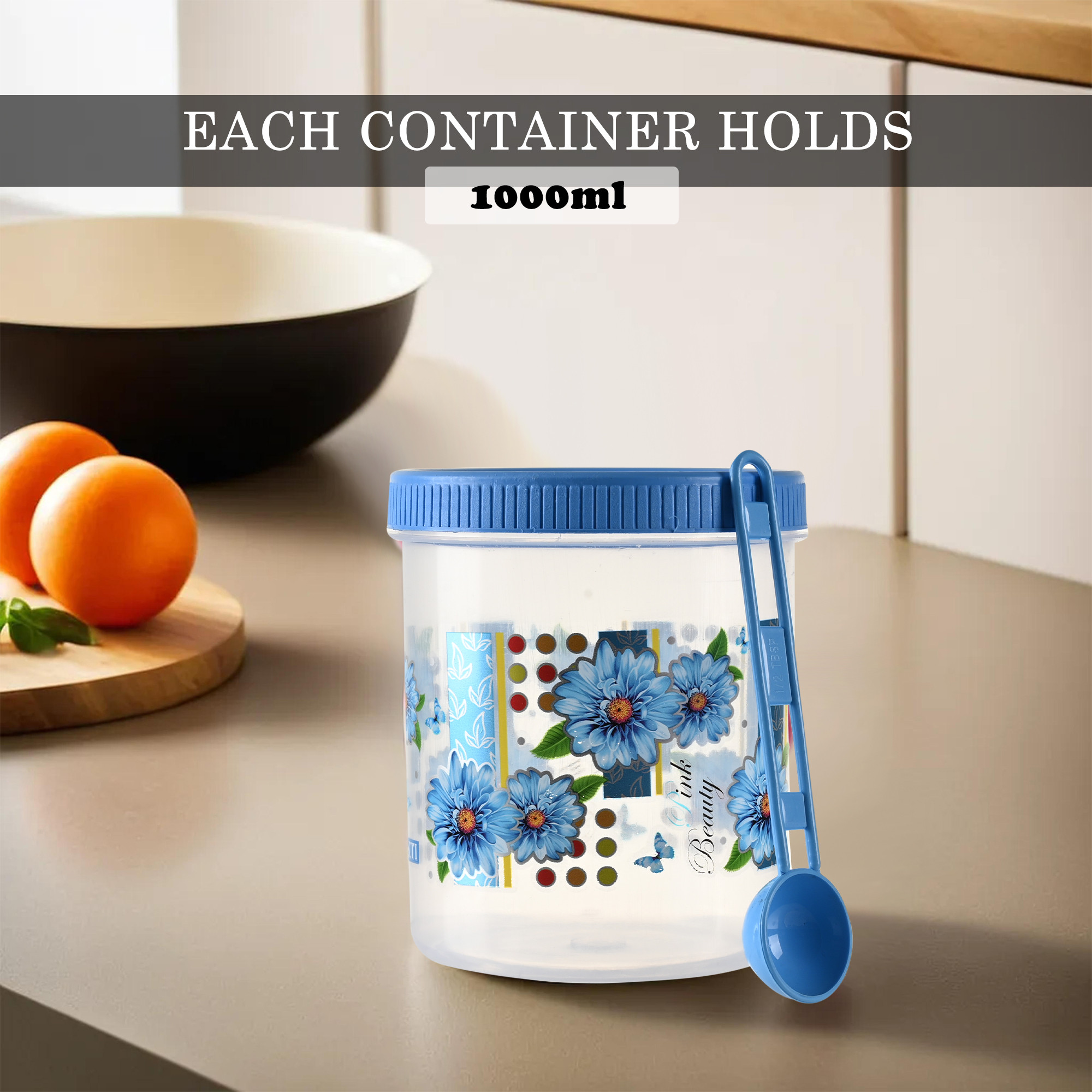 Kuber Industries  Set of 3  Storage Containers  1000 ML Plastic Kitchen Container for Rice Cereals Snacks Dry Fruits  Kitchen Jar with Spoon  Masala Box for Kitchen  Spice Boxes  Blue