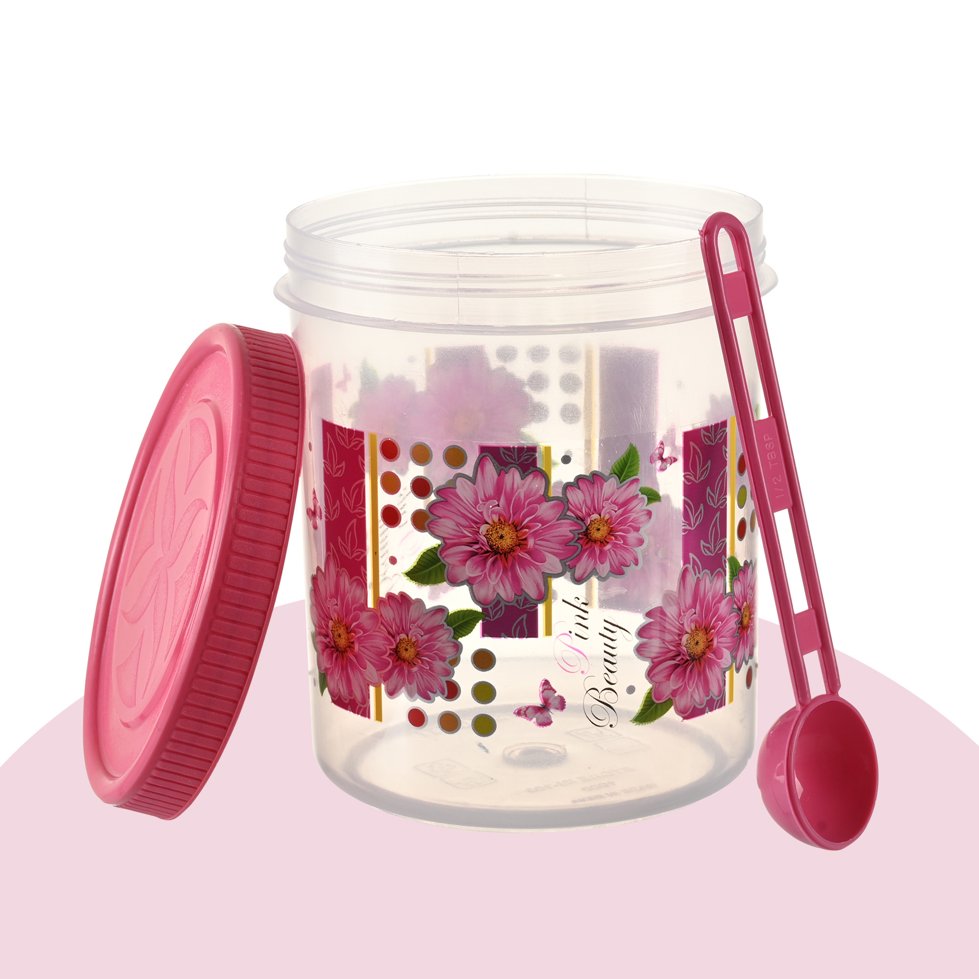 Kuber Industries  Set of 3  Storage Containers  1000 ML Plastic Kitchen Container for Rice Cereals Snacks Dry Fruits  Kitchen Jar with Spoon  Flora Masala Box for Kitchen  Spice Boxes  Pink