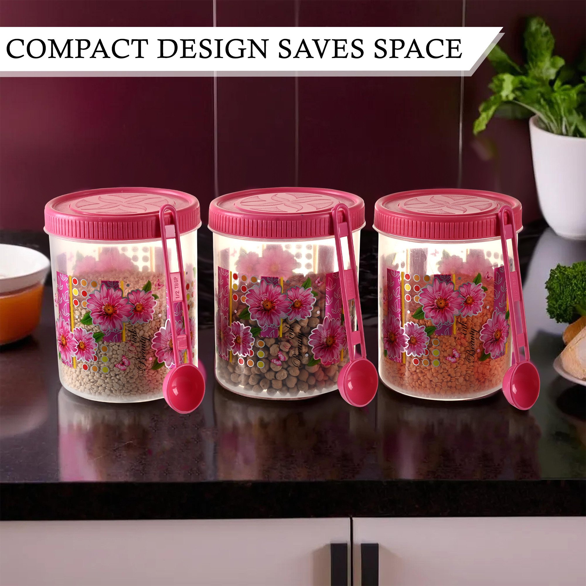 Kuber Industries  Set of 3  Storage Containers  1000 ML Plastic Kitchen Container for Rice Cereals Snacks Dry Fruits  Kitchen Jar with Spoon  Flora Masala Box for Kitchen  Spice Boxes  Pink