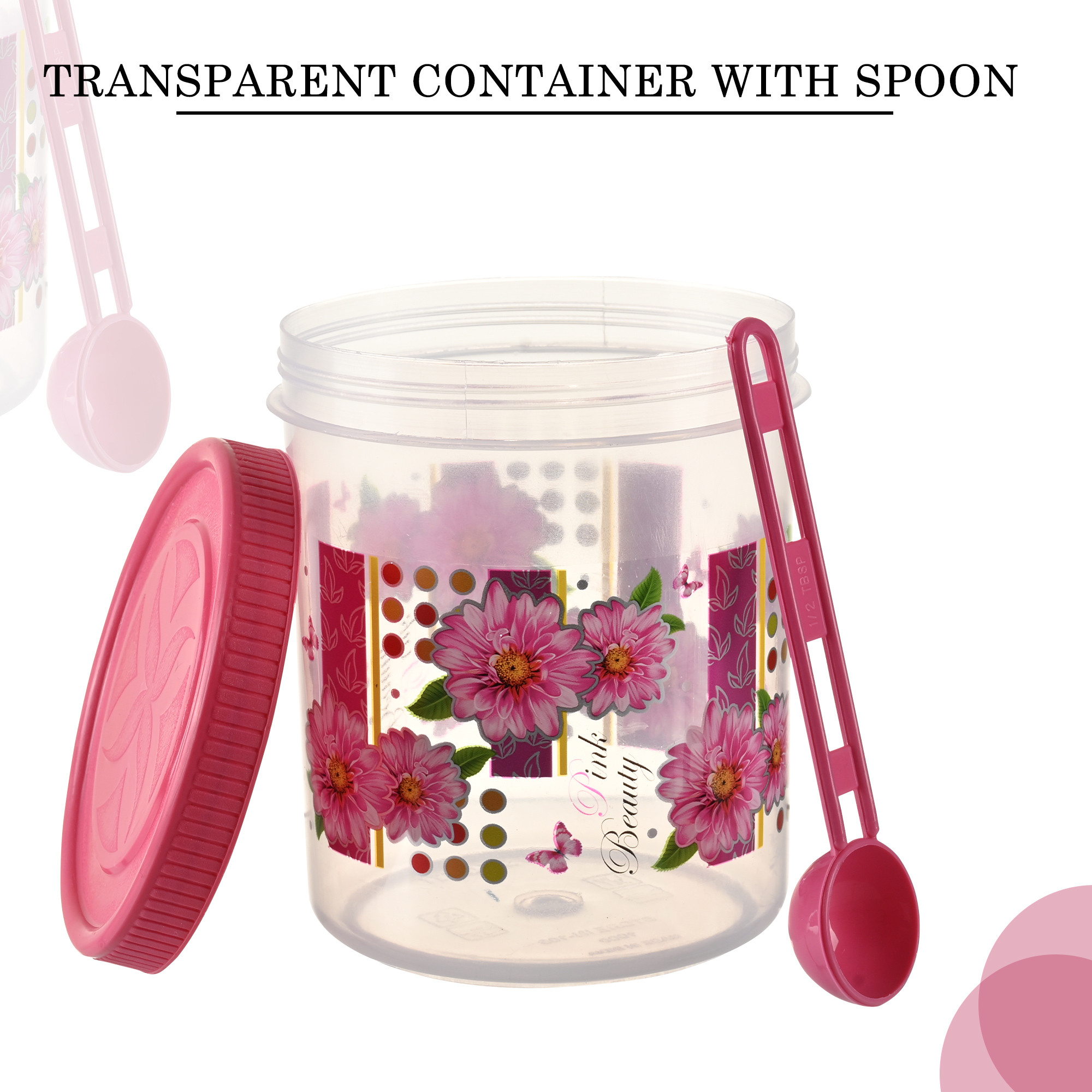 Kuber Industries  Set of 3  Storage Containers  1000 ML Plastic Kitchen Container for Rice Cereals Snacks Dry Fruits  Kitchen Jar with Spoon  Flora Masala Box for Kitchen  Spice Boxes  Pink