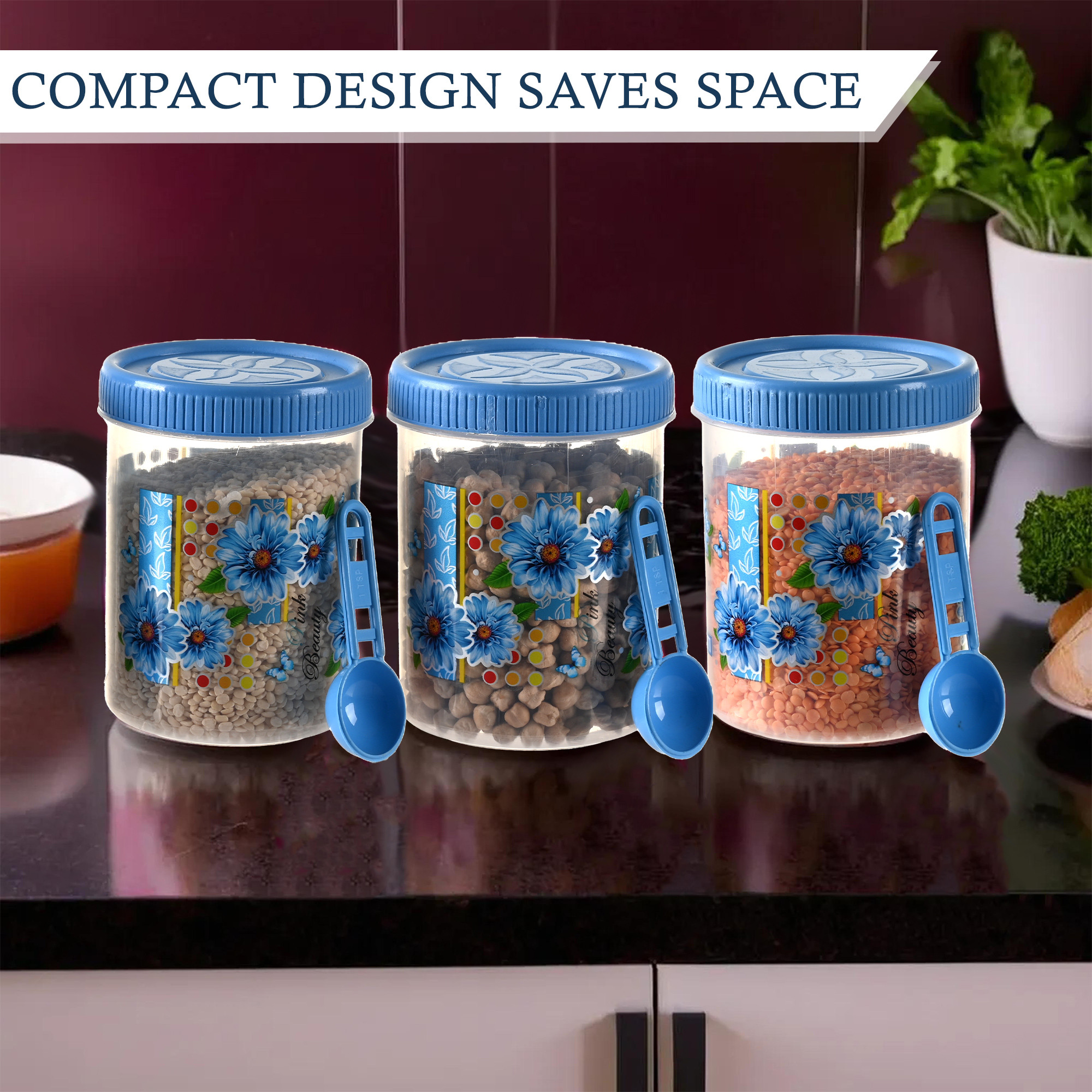 Kuber Industries  Set of 3  Storage Containers  500 ML Plastic Kitchen Container for Rice Cereals Snacks Dry Fruits  Kitchen Jar with Spoon  Masala Box for Kitchen  Spice Boxes  Blue